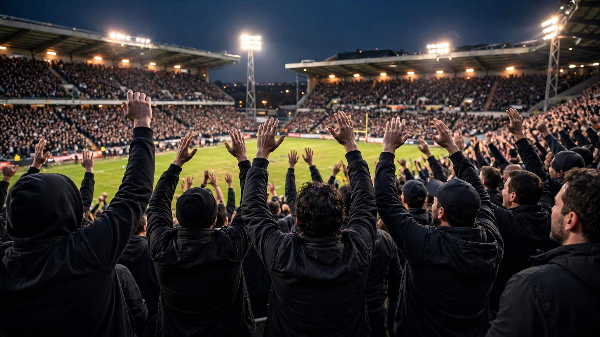 Football fans in dark clothing cheer with raised arms in stadium stands at night.