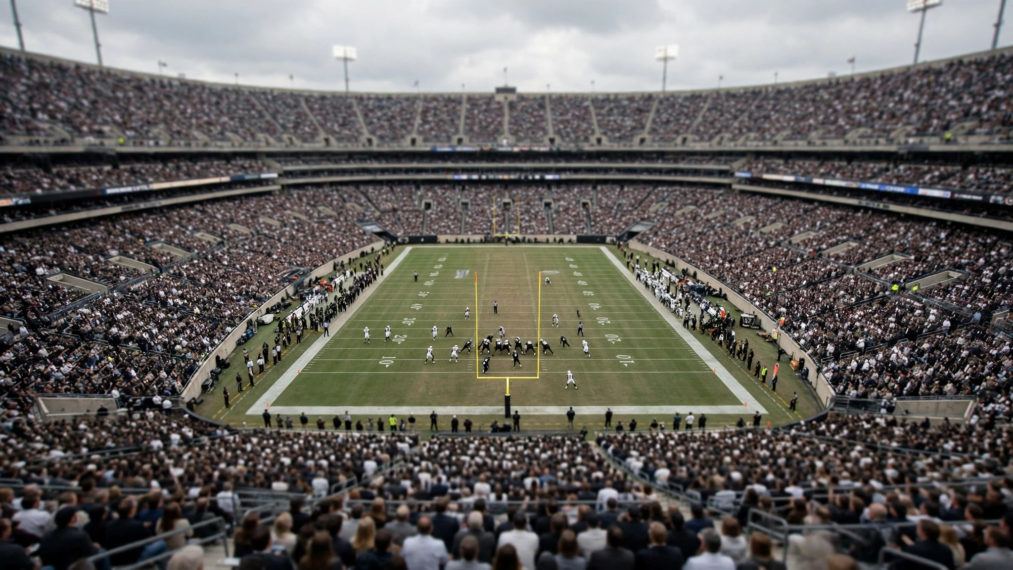 American football players on the field during a game in a packed stadium, seen from high in the stands.