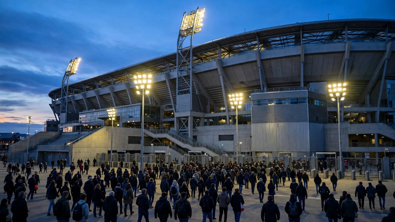 Fans walk toward a large football stadium at dusk under bright floodlights.