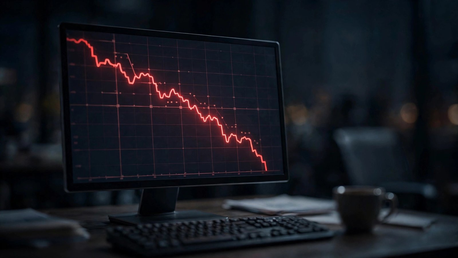 A computer monitor in a dark office displaying a declining red stock price chart