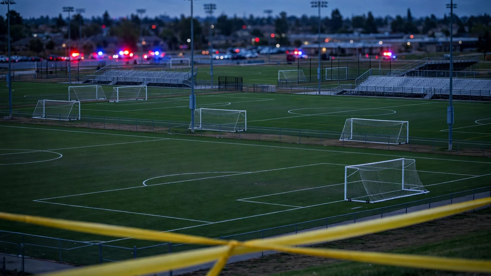 Empty youth soccer fields at a sports complex at dusk, with red and blue emergency vehicle lights flashing in the distance and yellow police tape stretched in the foreground