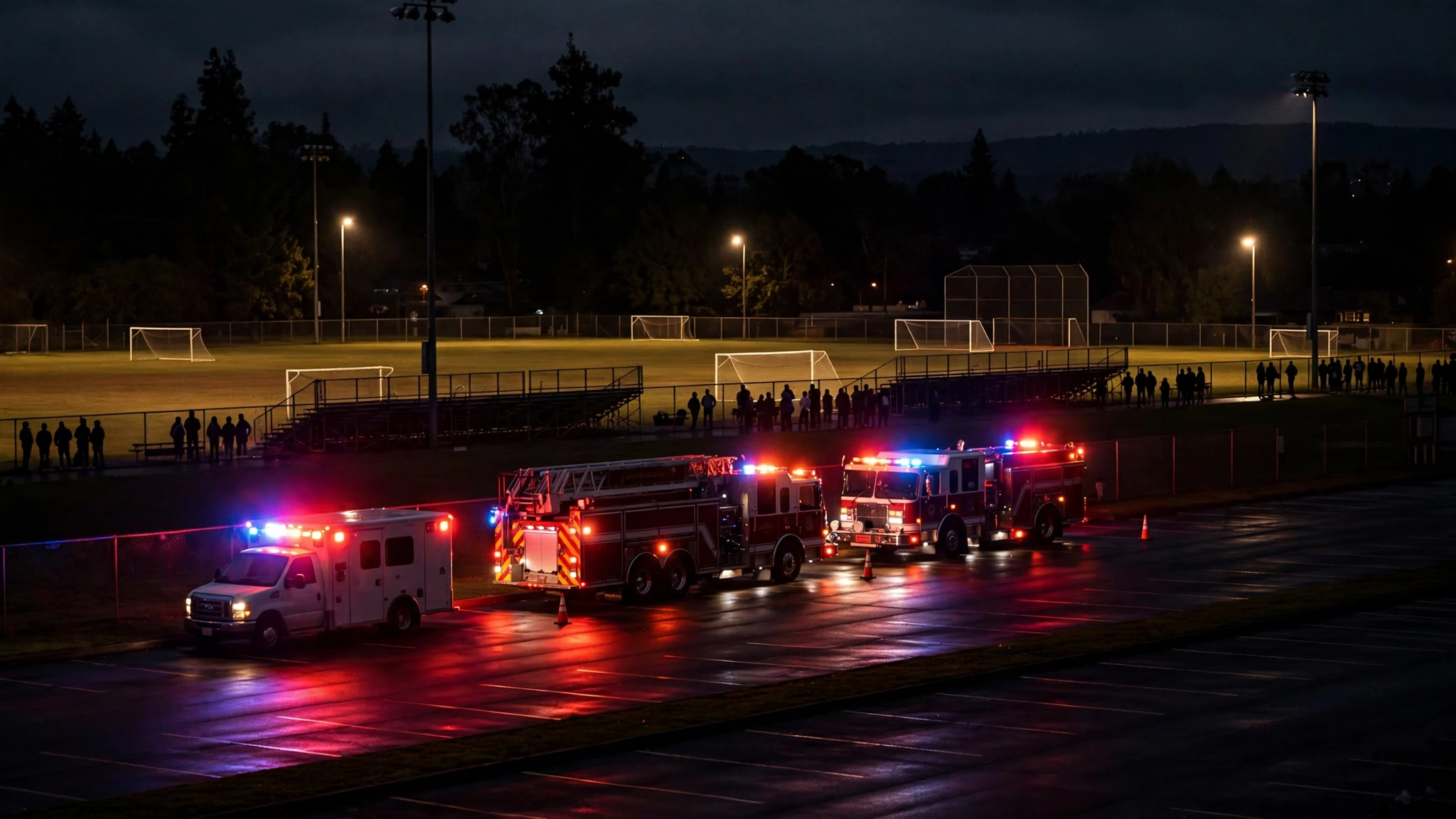 Ambulance and fire trucks with flashing lights parked at the edge of a youth sports complex at night, with distant onlookers silhouetted along the fence