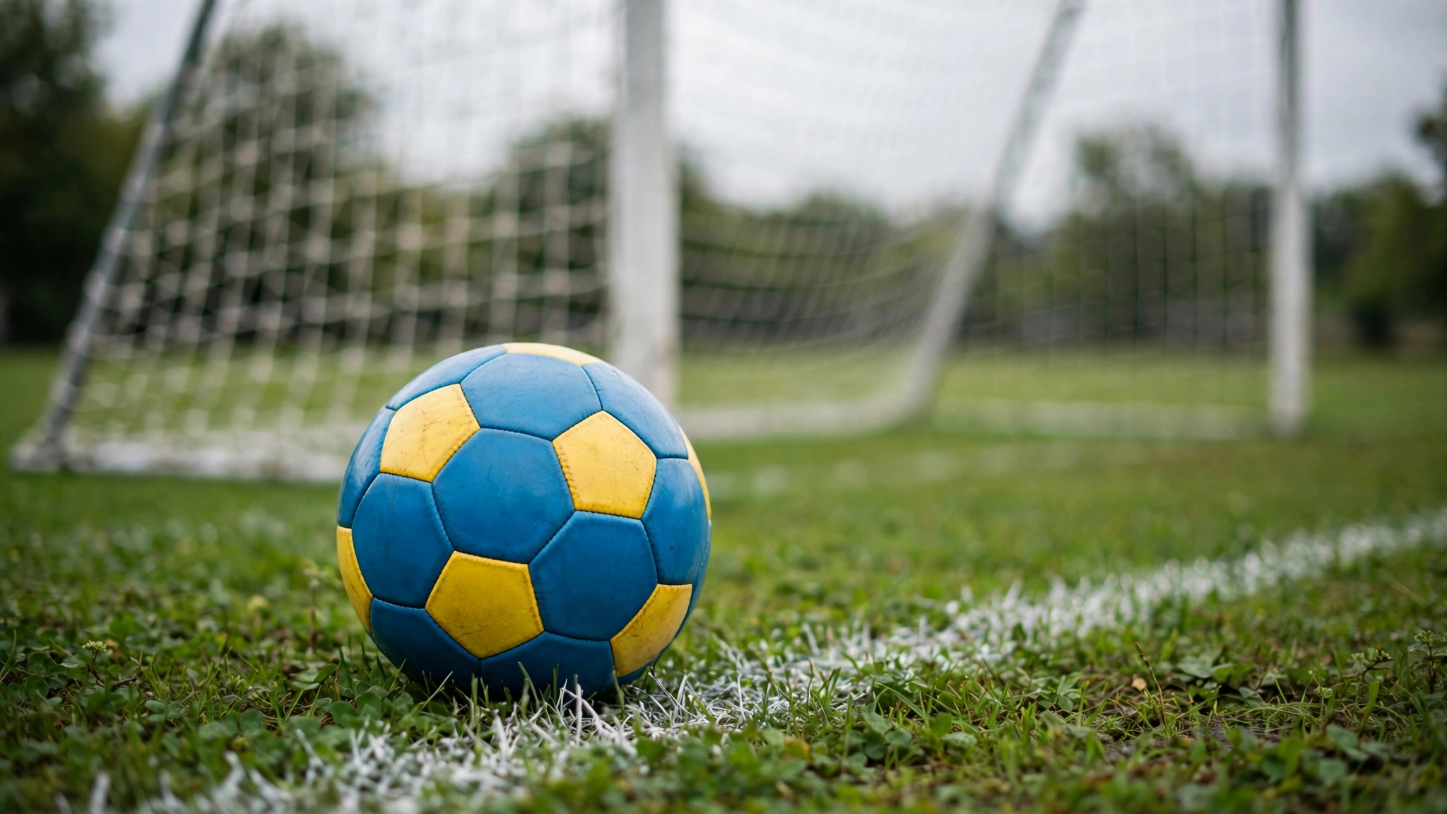 A blue and yellow youth soccer ball on grass near a white goal line, with a goal net blurred behind it