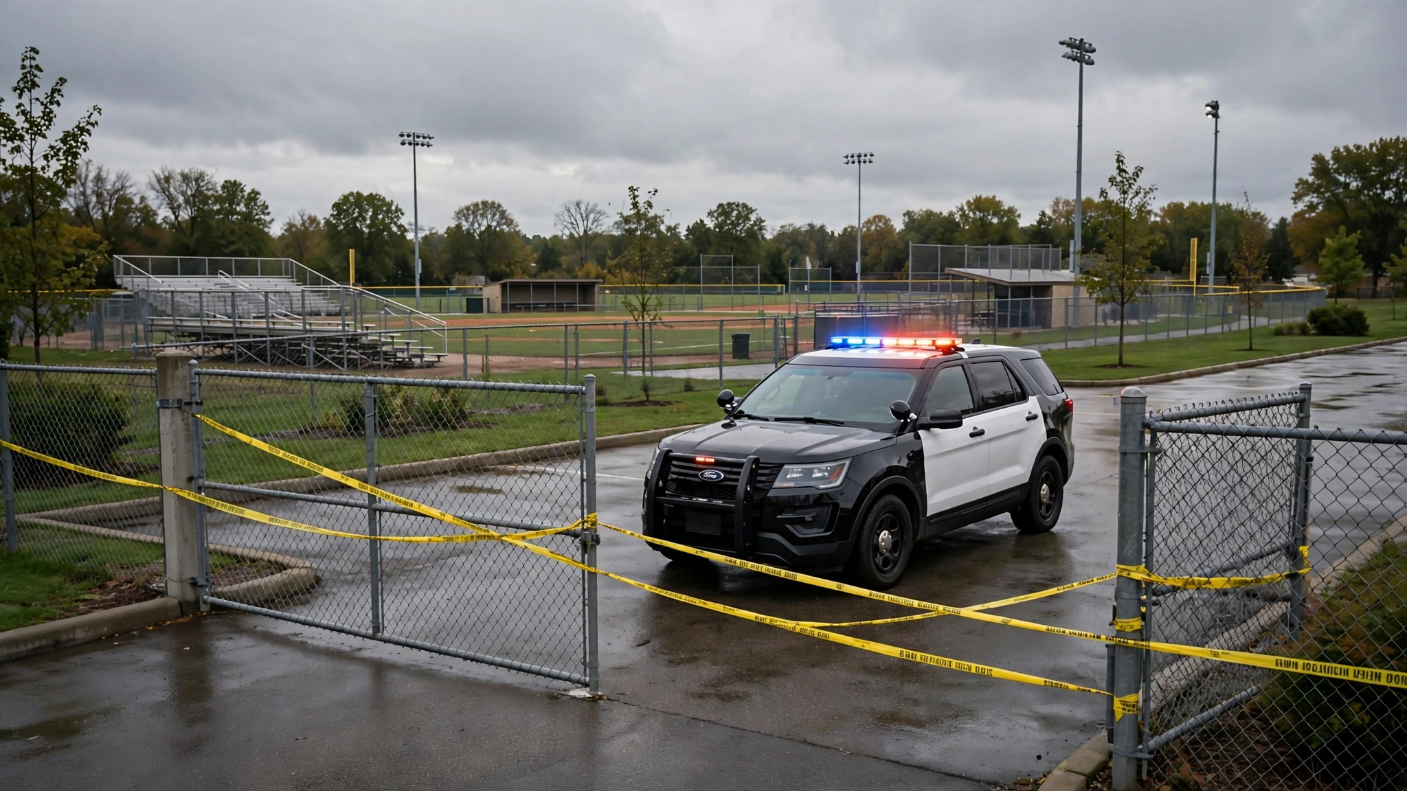 A police SUV with flashing red and blue lights parked inside the yellow-taped entrance of a youth sports complex on a cloudy day