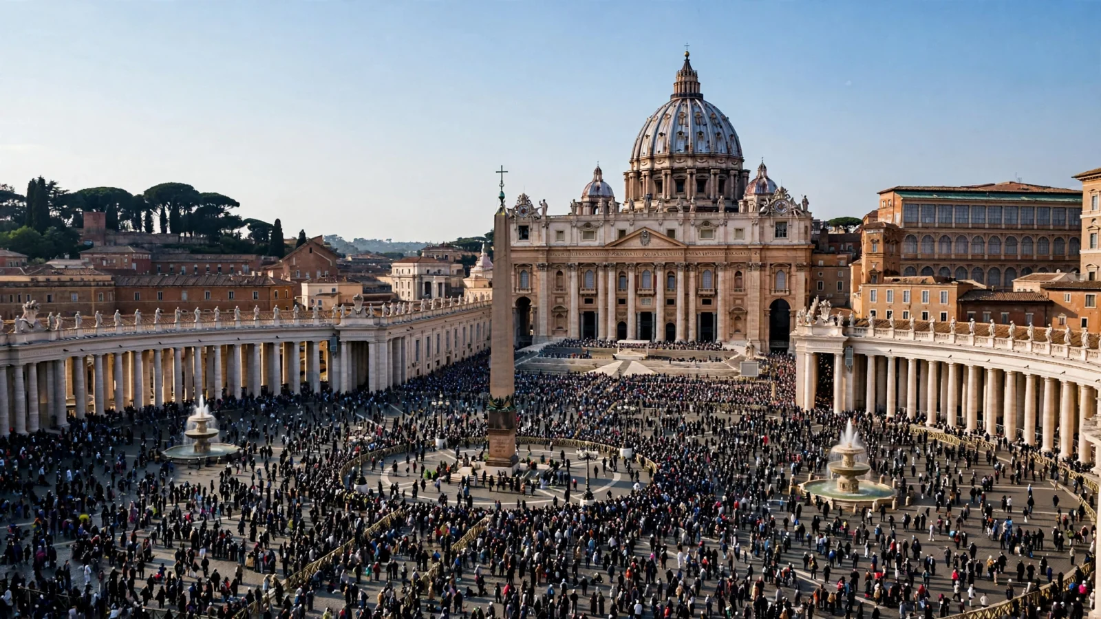 St. Peter's Square and St. Peter's Basilica in Vatican City on a clear morning, with a large crowd of pilgrims gathered in the square