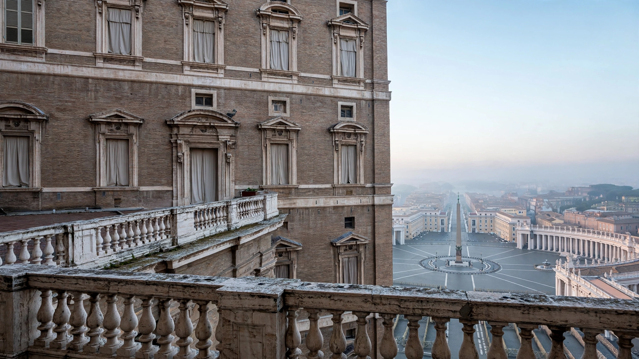 Stone facade and window balcony of the Apostolic Palace overlooking St. Peter's Square in the Vatican