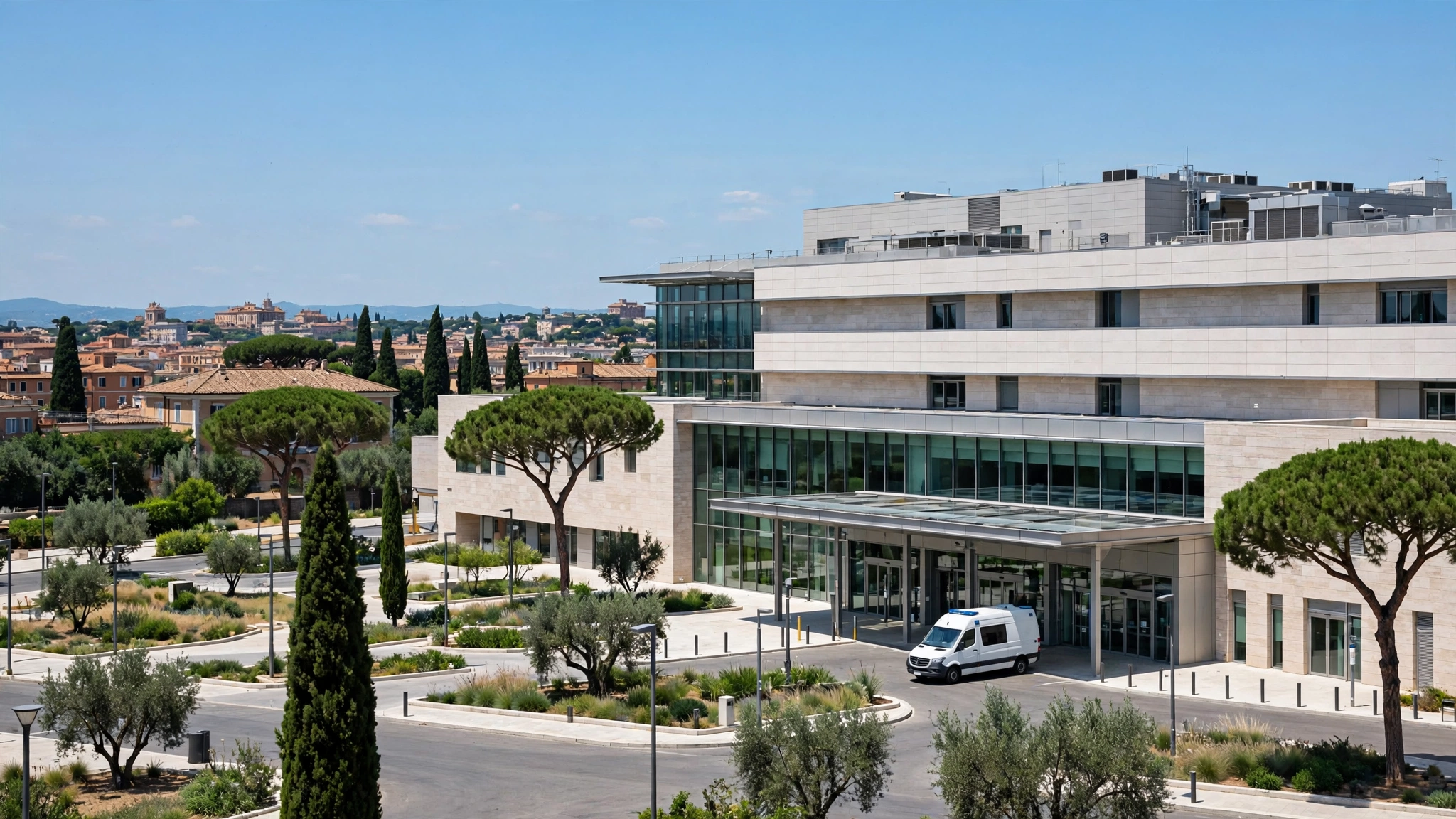 Modern hospital building exterior in Rome on a clear day, with an ambulance van parked at the entrance