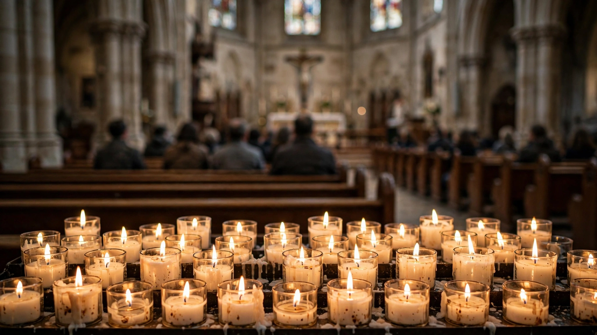 Rows of lit prayer candles inside a Catholic church, with blurred worshippers sitting in pews behind them
