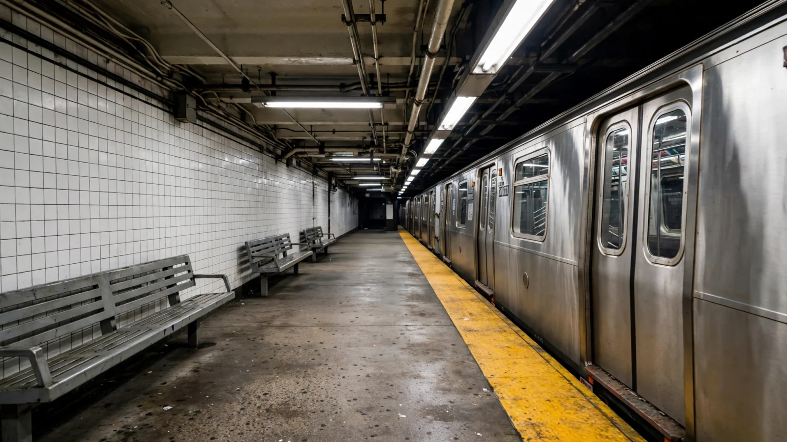 An empty New York City subway platform at night with a stopped train, fluorescent lights and a yellow safety line along the platform edge.