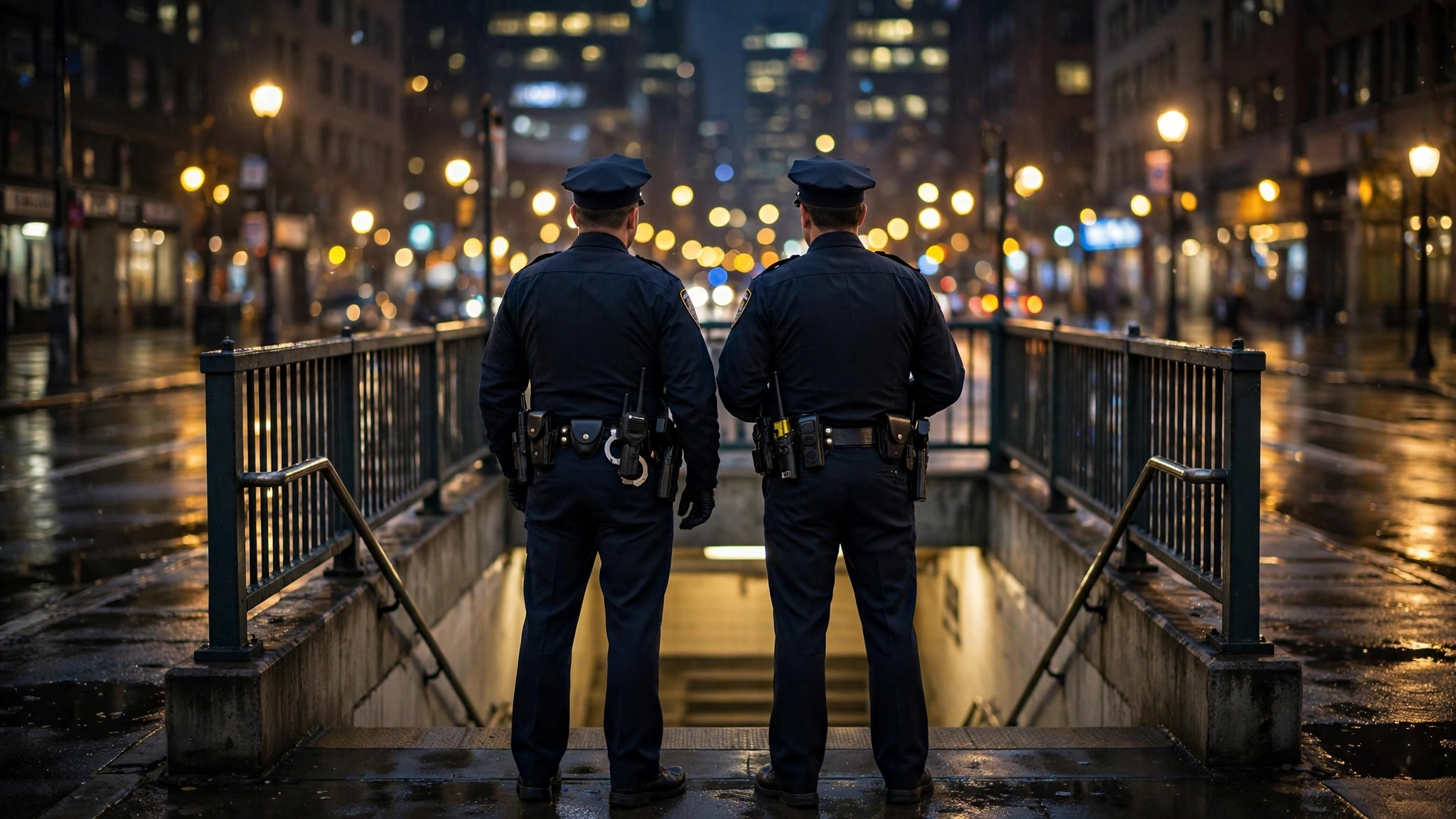 Two uniformed police officers seen from behind standing at the top of a subway entrance at night.