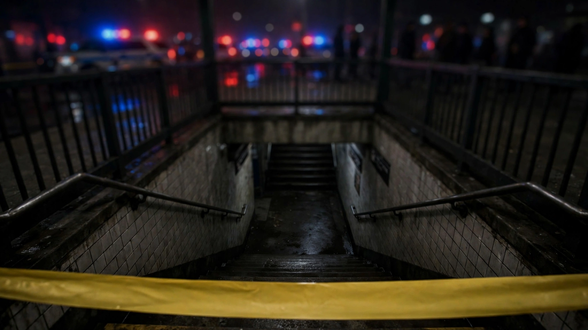 Yellow police barrier tape stretched across the entrance of a subway station at night, with flashing emergency lights blurred in the background.