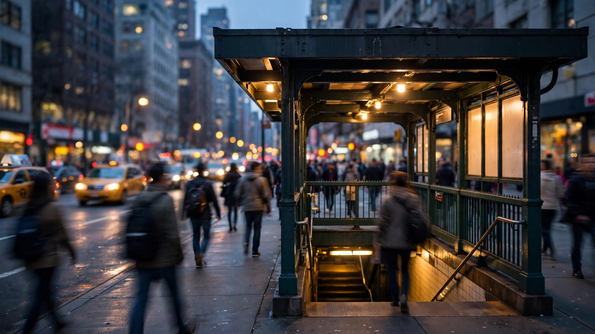 A Manhattan subway station entrance at dusk with blurred pedestrians walking past on the sidewalk.