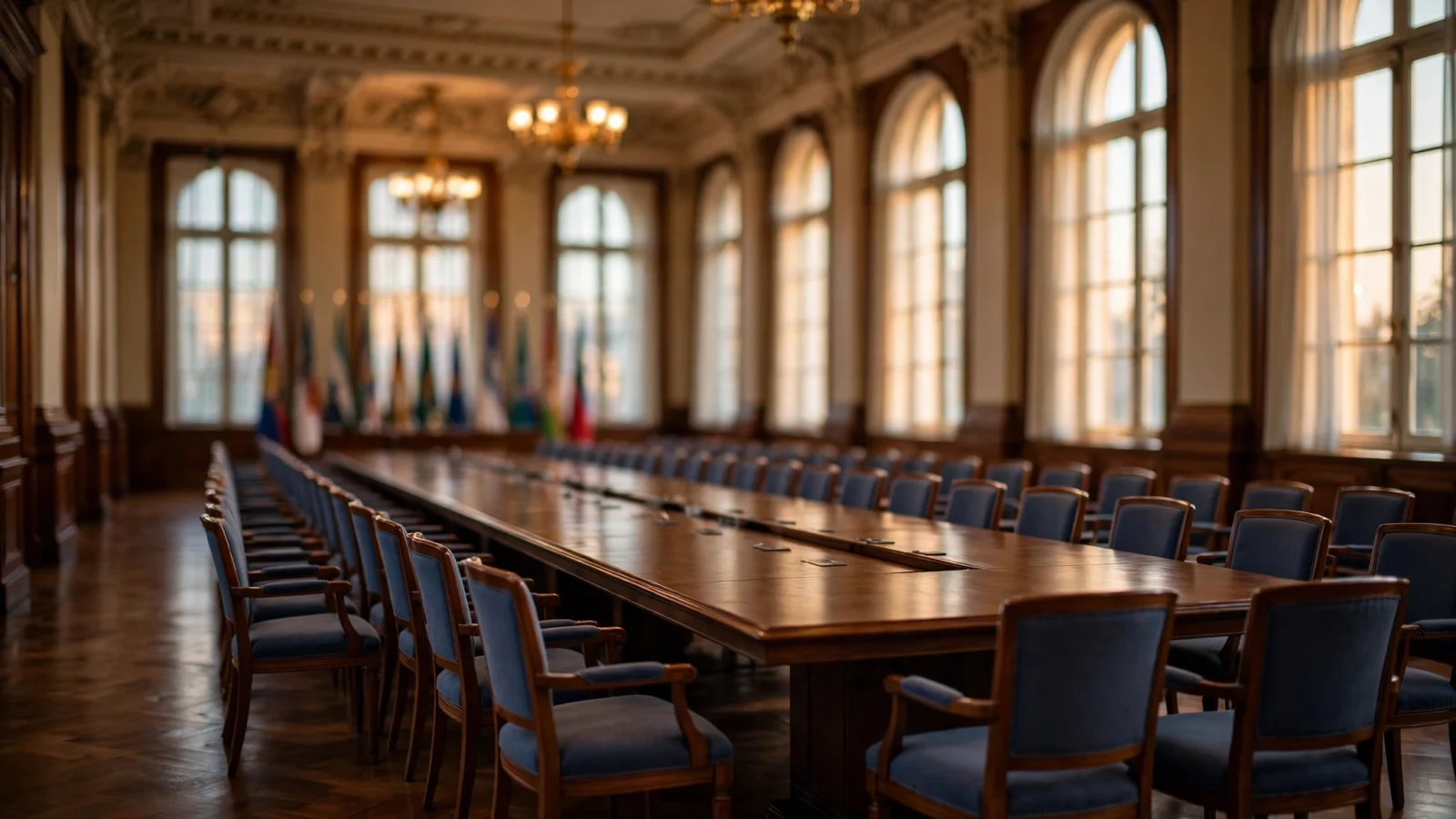 An empty diplomatic summit hall with a long conference table and rows of chairs before an international meeting.