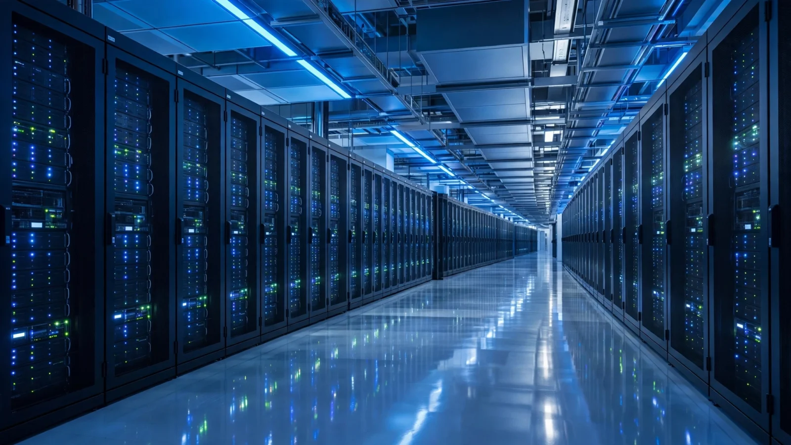 Rows of server cabinets inside a large data center lit in blue