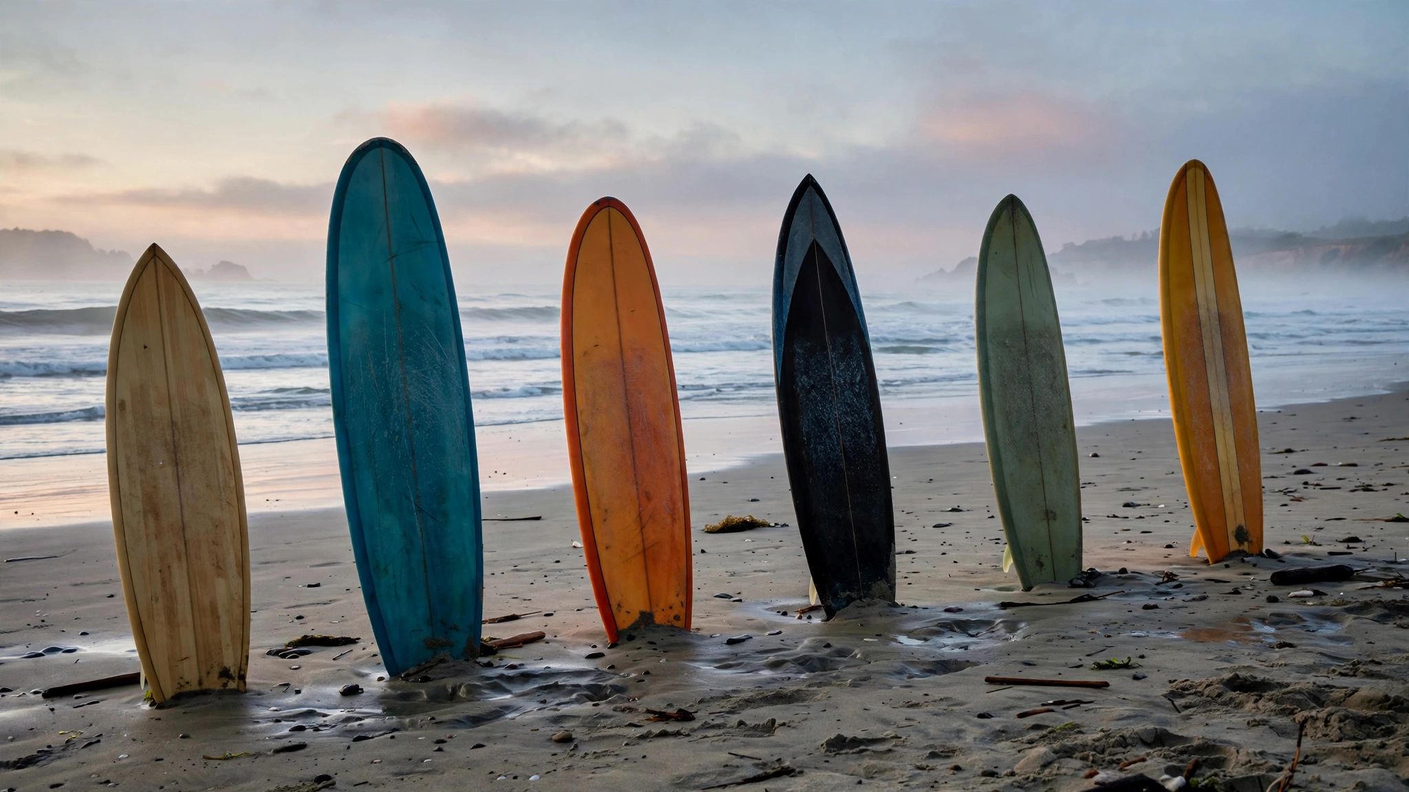 Six surfboards standing upright in the sand on an empty beach at dawn