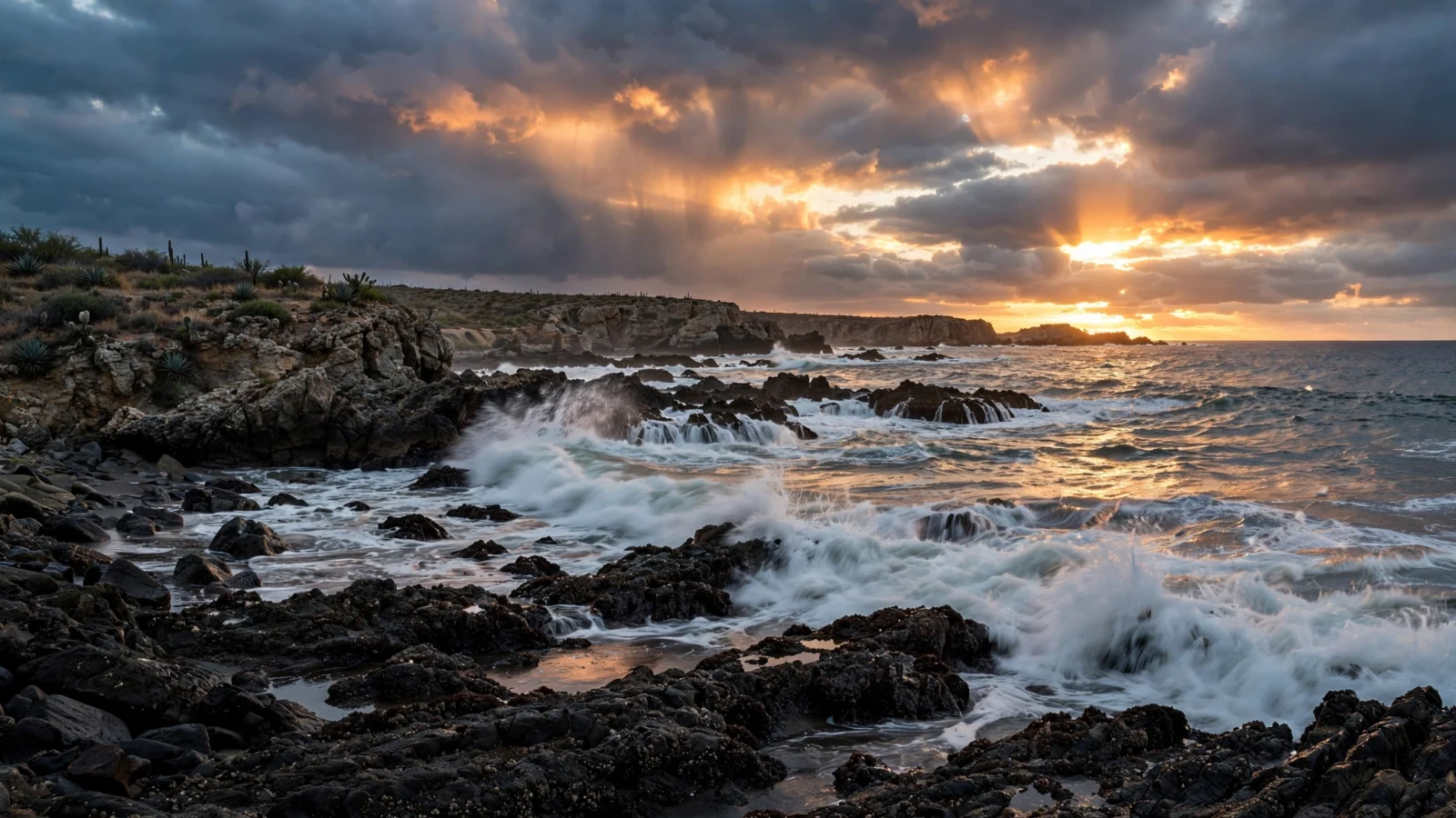 Waves break over dark rocks along a Pacific coastline at sunset