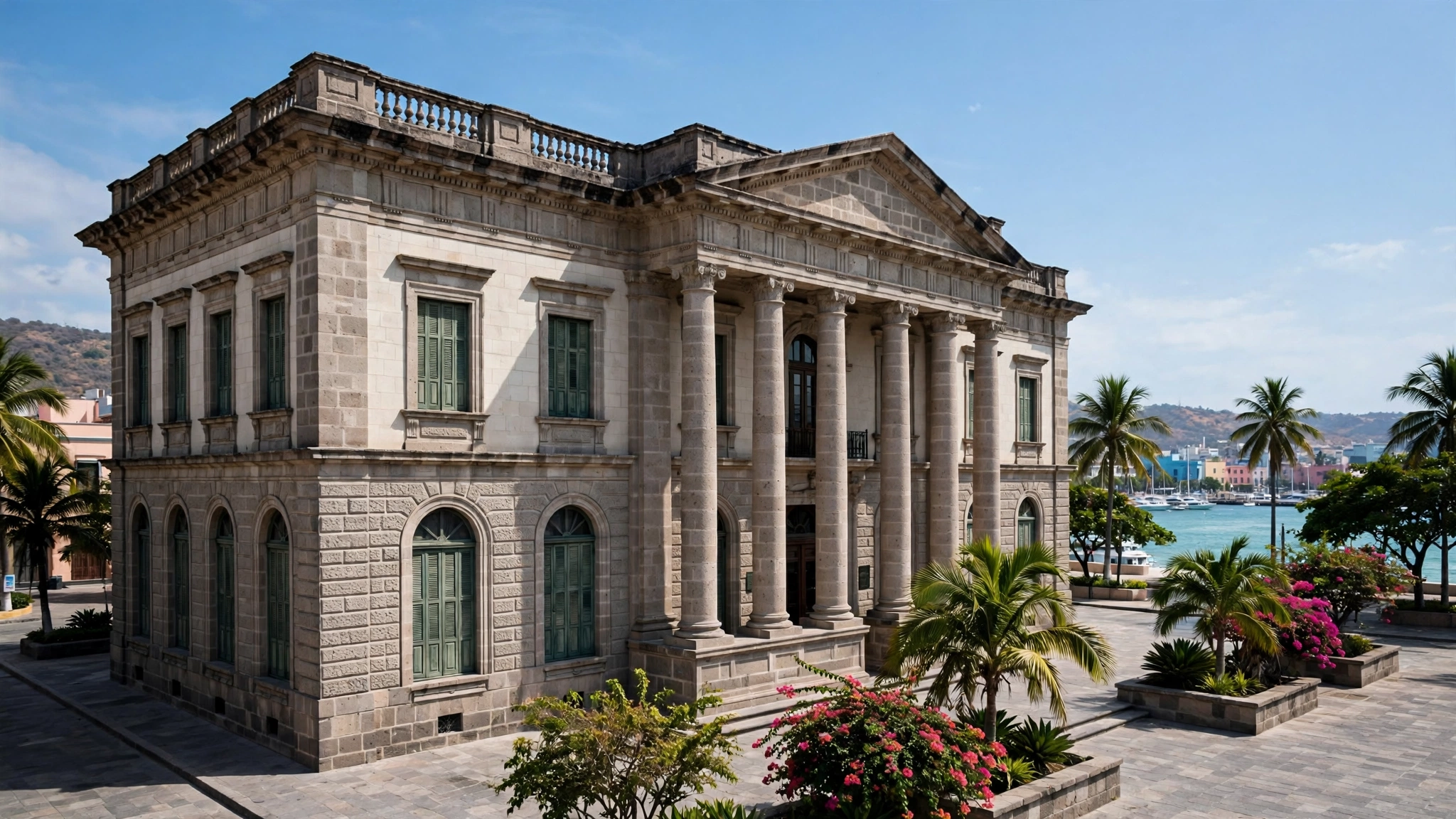 A stone government courthouse building with tall columns in a Mexican coastal city