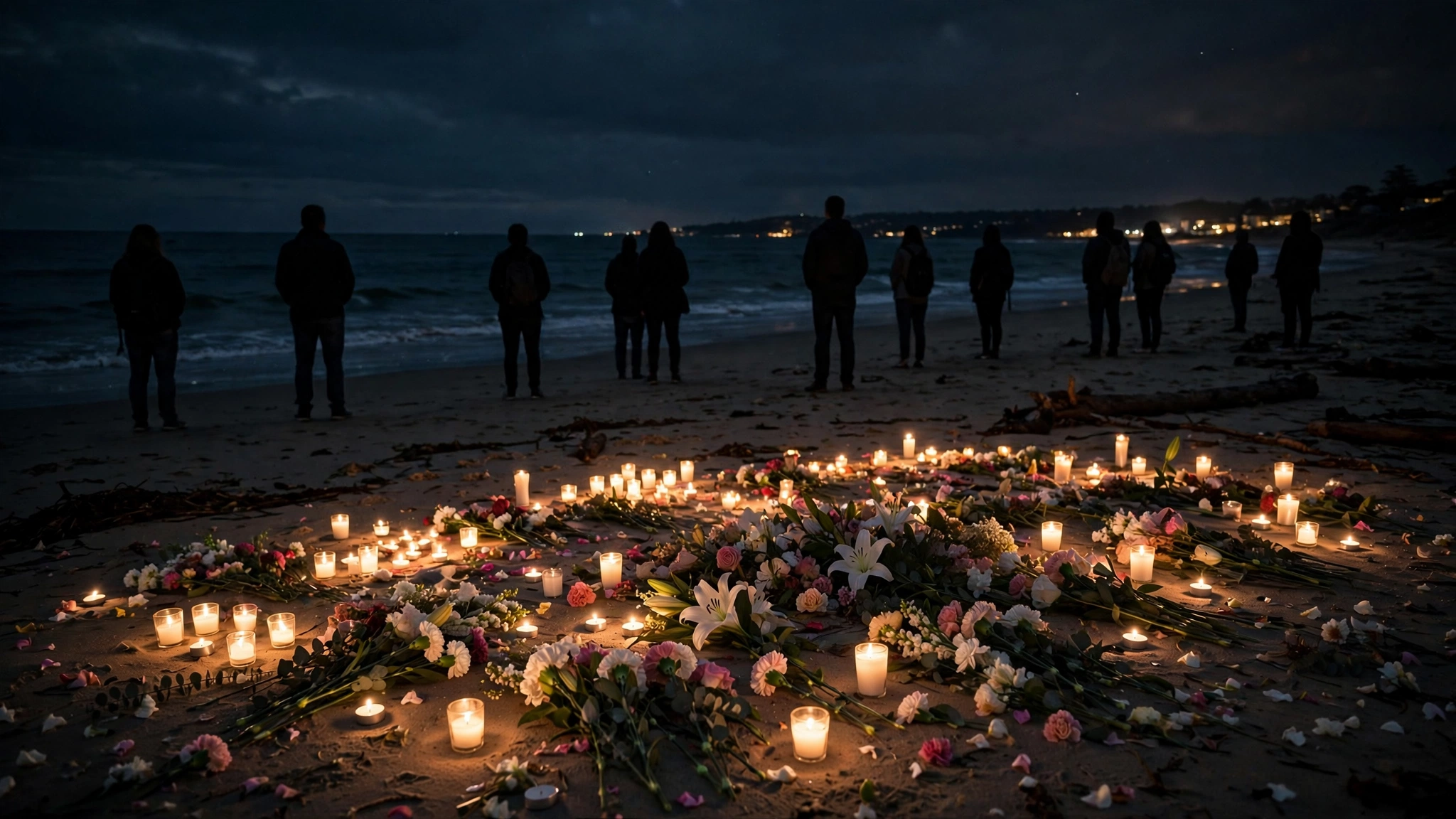 Candles and flowers laid out on a beach at night with people standing nearby