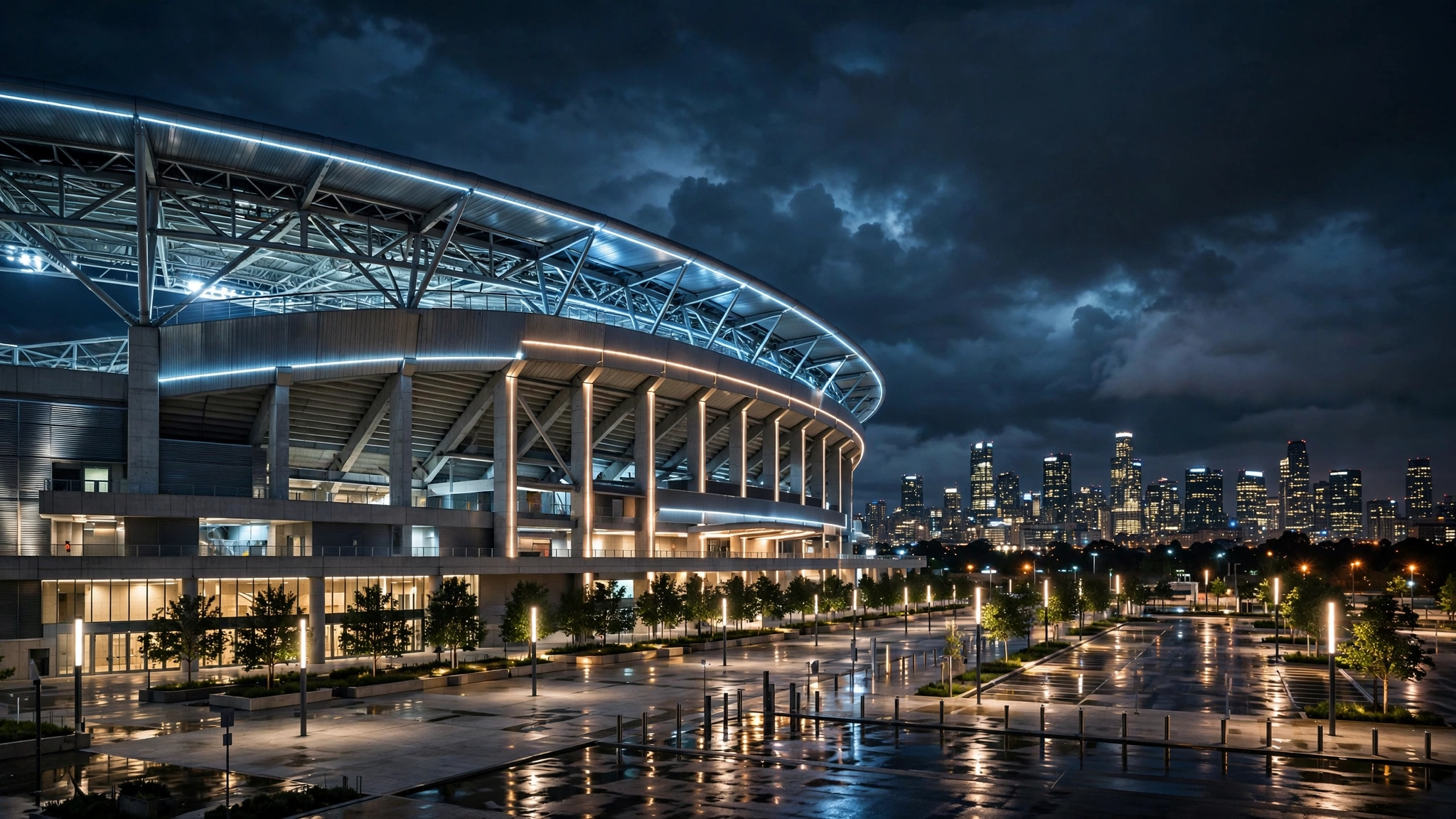 A modern stadium exterior at night illuminated with architectural lighting, with a glowing city skyline in the distance under dark clouds; no signage or people visible.