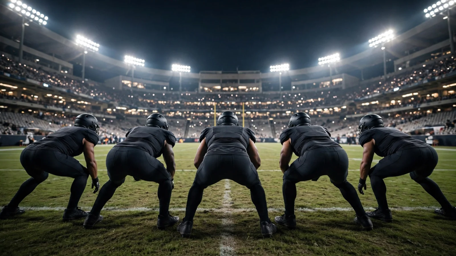 Football defensive linemen in plain dark uniforms lined up in a three-point stance at the line of scrimmage, seen from behind at field level in a brightly lit night stadium; no faces visible.