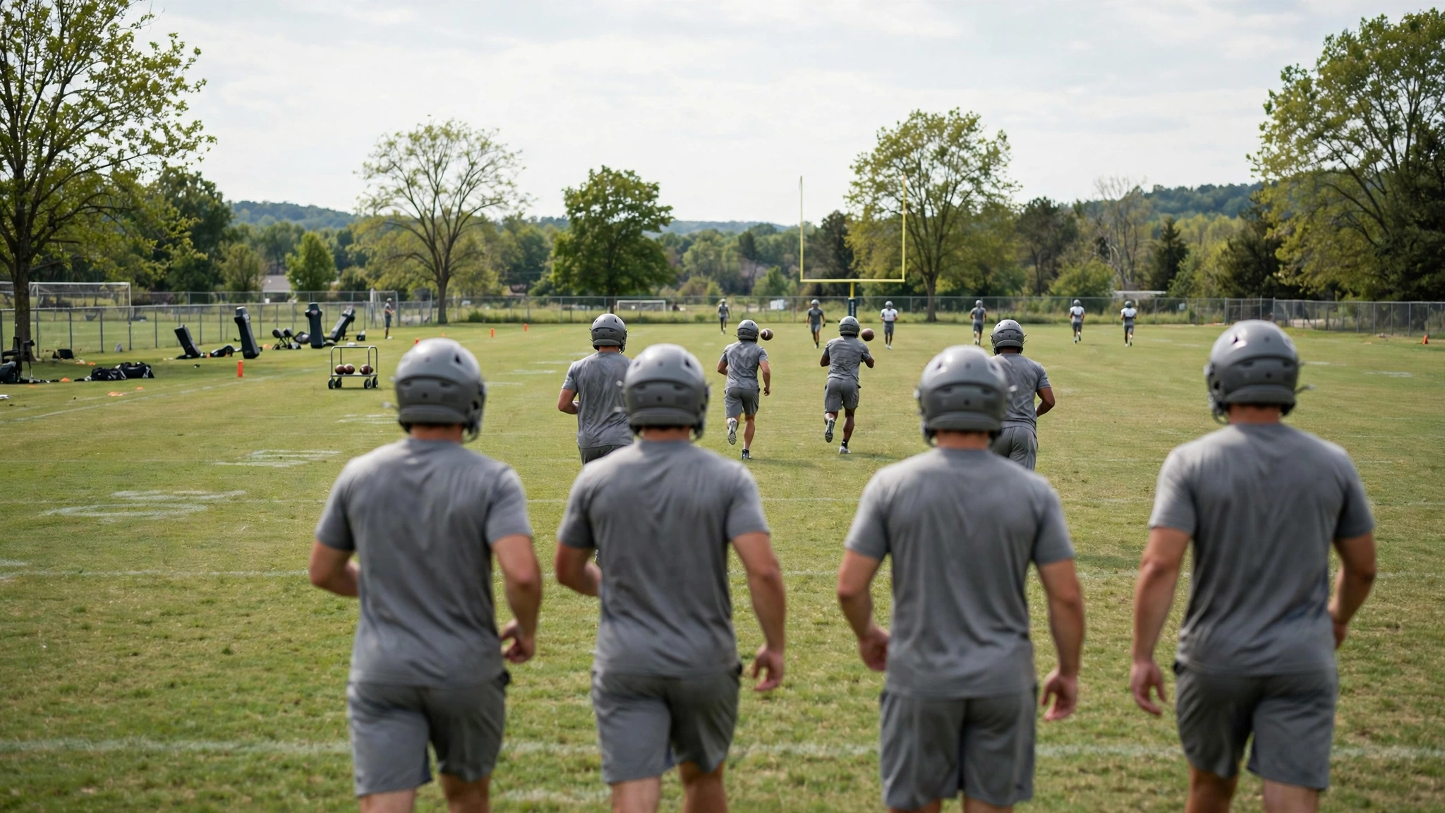 Helmeted football players in plain gray practice gear running drills on an outdoor practice field, seen from behind at a distance, with no faces visible.