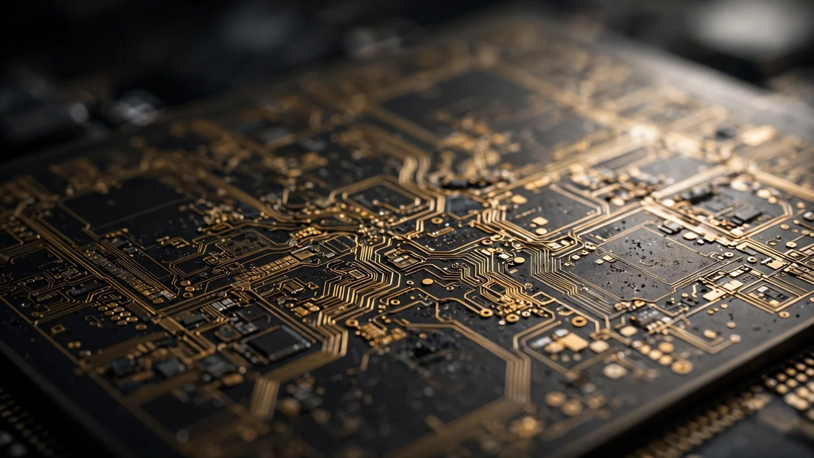 Extreme close-up of a computer processor chip with gold circuitry on a dark silicon wafer.