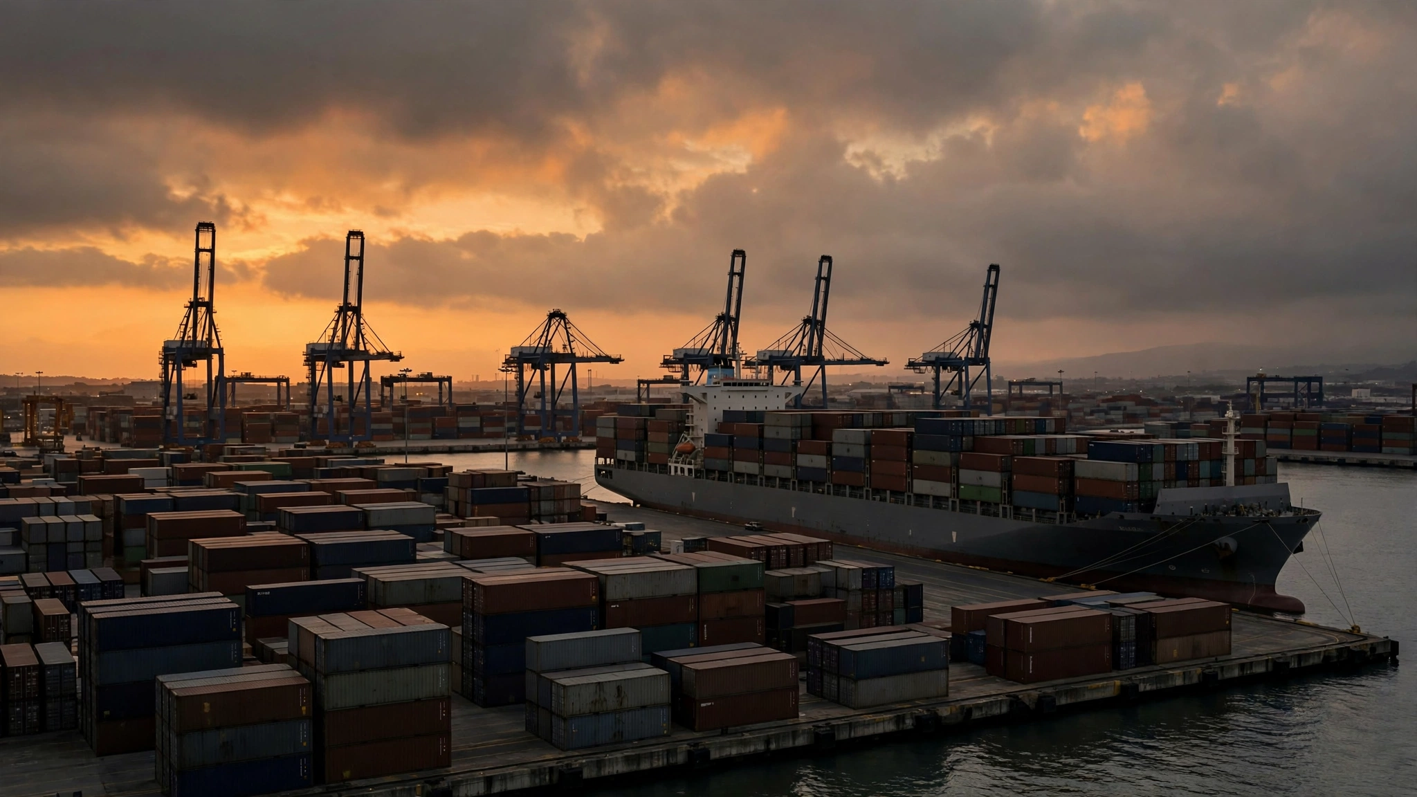 A container cargo ship docked at a seaport at dusk, with gantry cranes and stacked shipping containers.