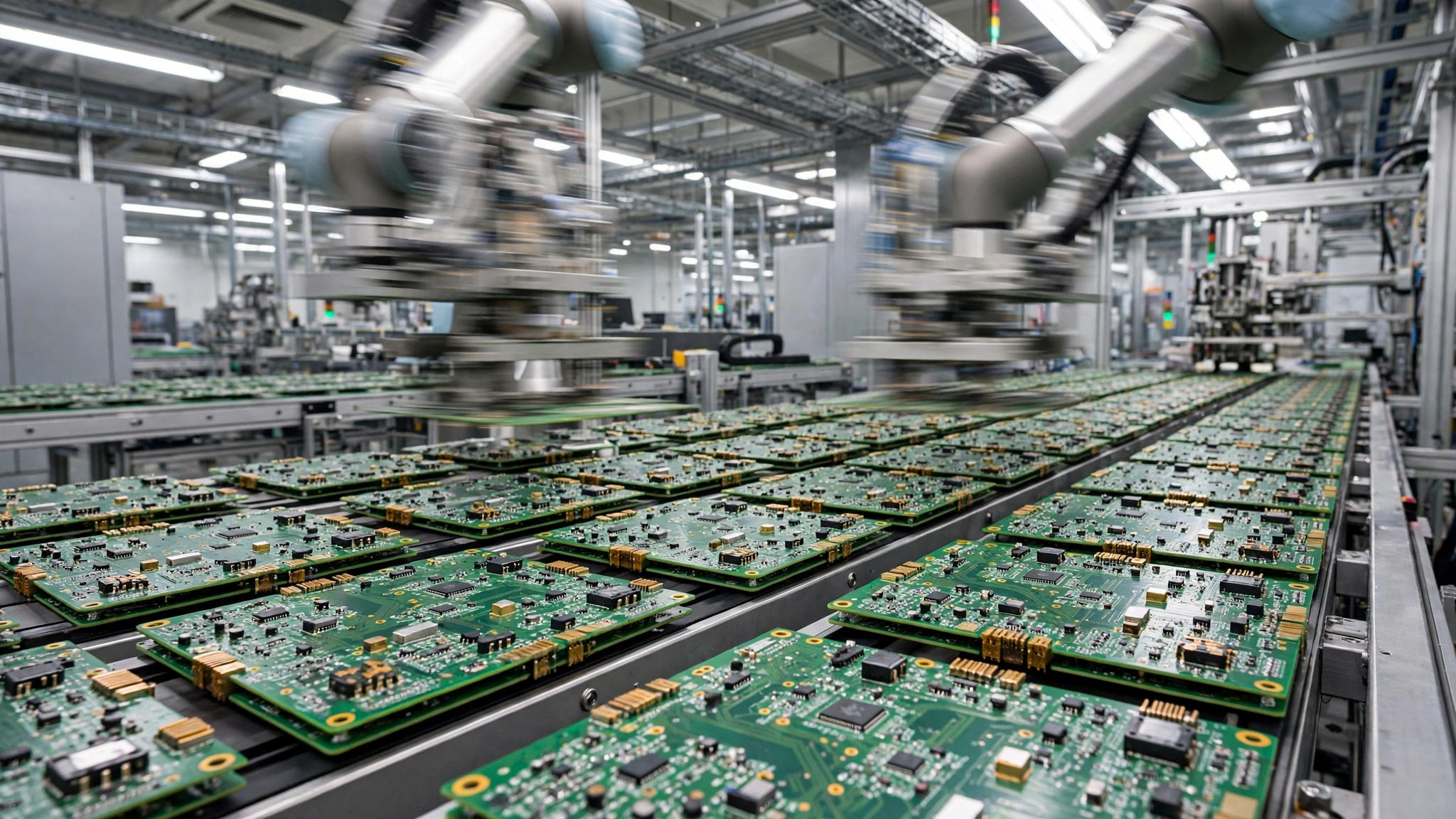 Rows of circuit boards moving along an automated electronics factory assembly line.