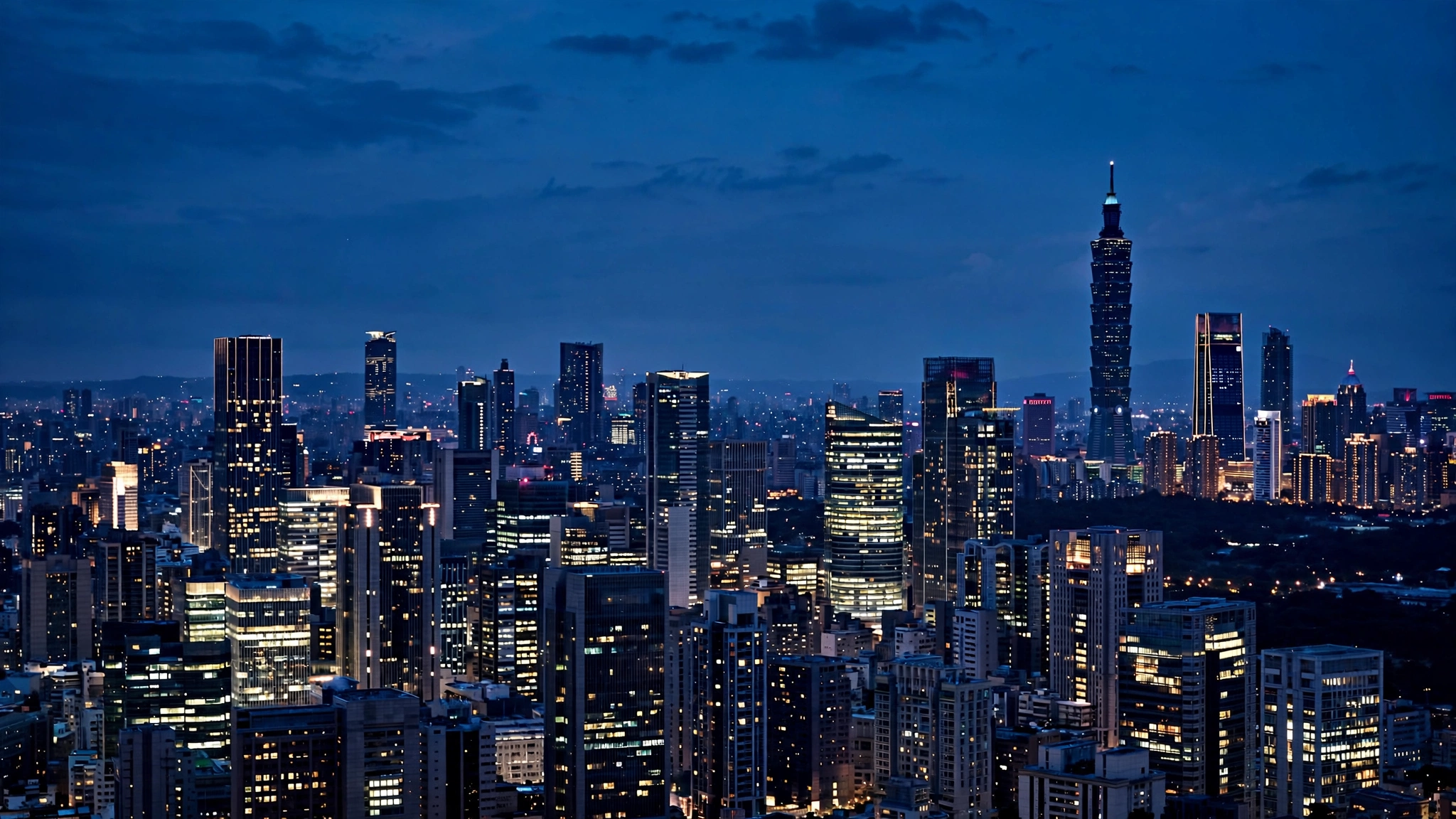 The Taipei city skyline at night, with the Taipei 101 tower visible among lit skyscrapers.