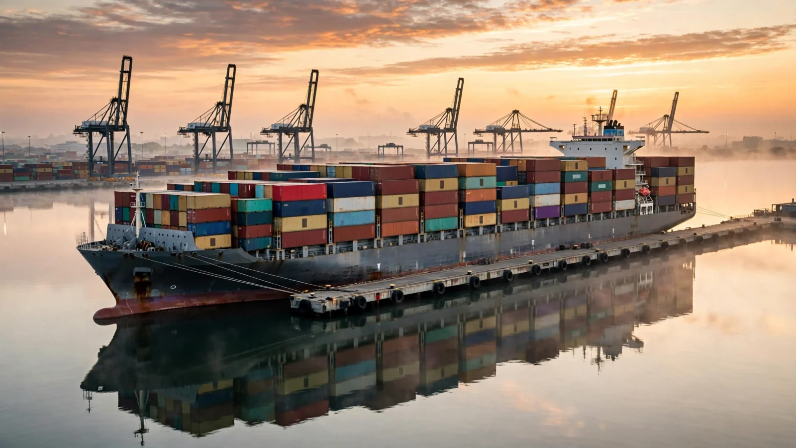 A large container ship loaded with colorful shipping containers docked at a commercial port at sunrise