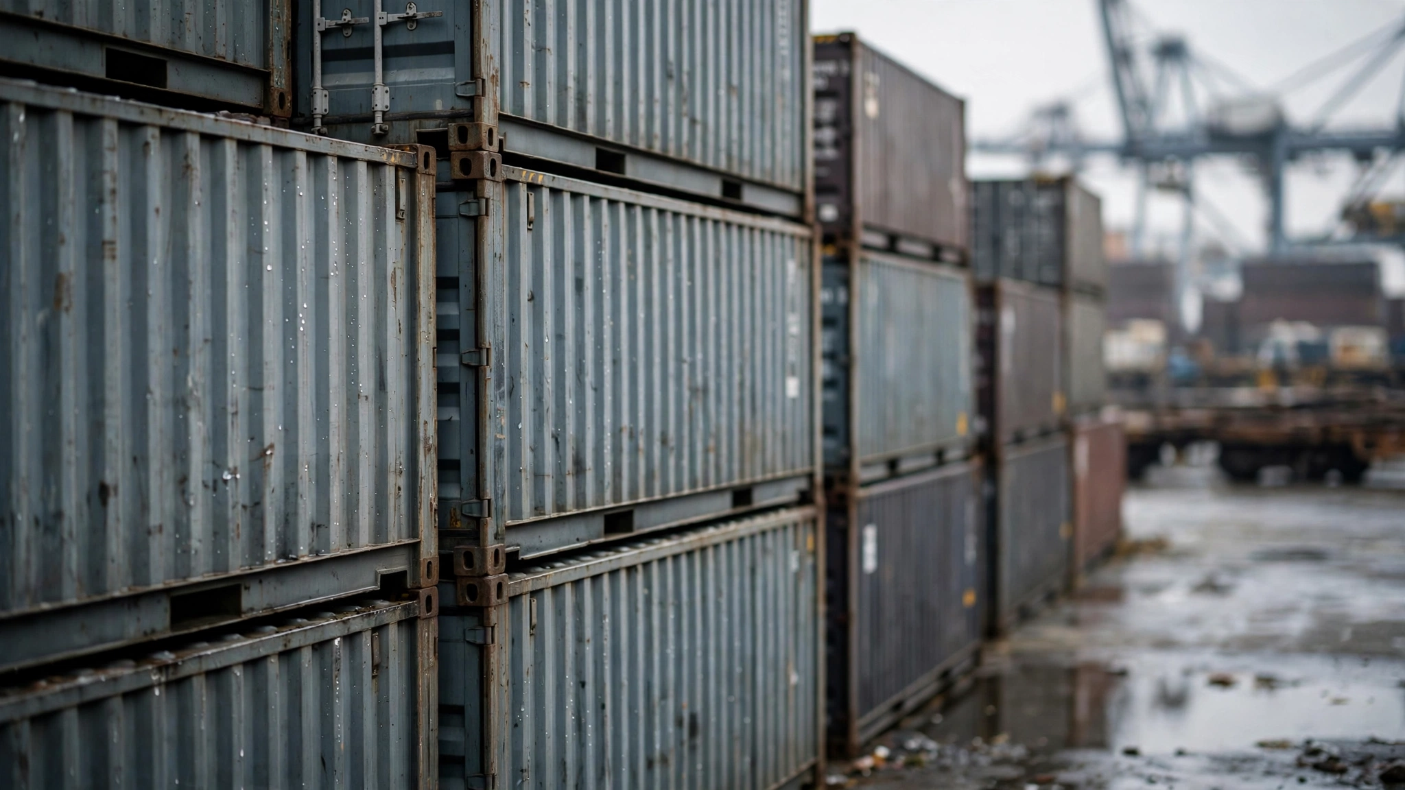 Stacked cargo shipping containers at a freight terminal on an overcast day