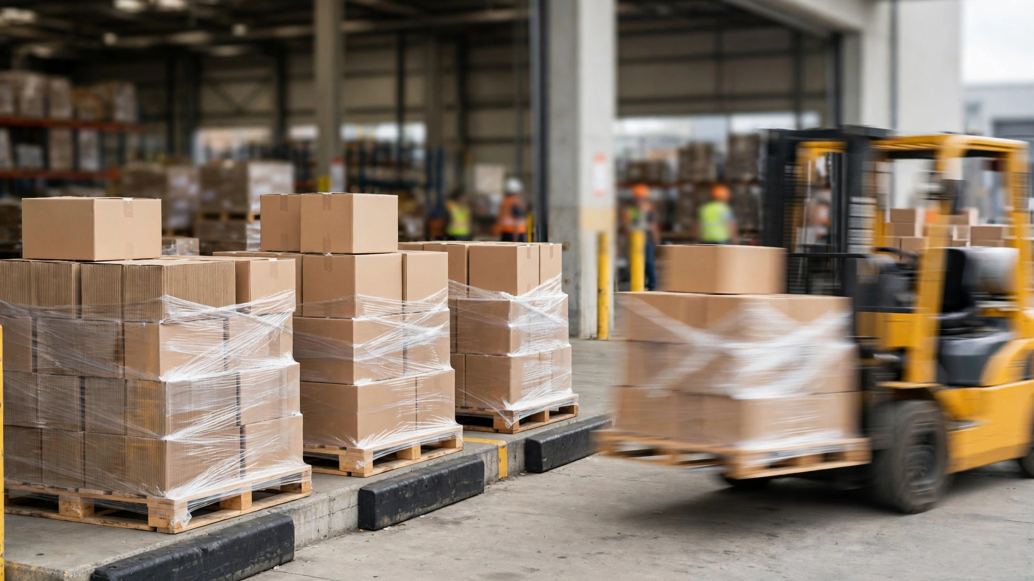 Pallets of cardboard boxes and a moving forklift at a warehouse loading dock