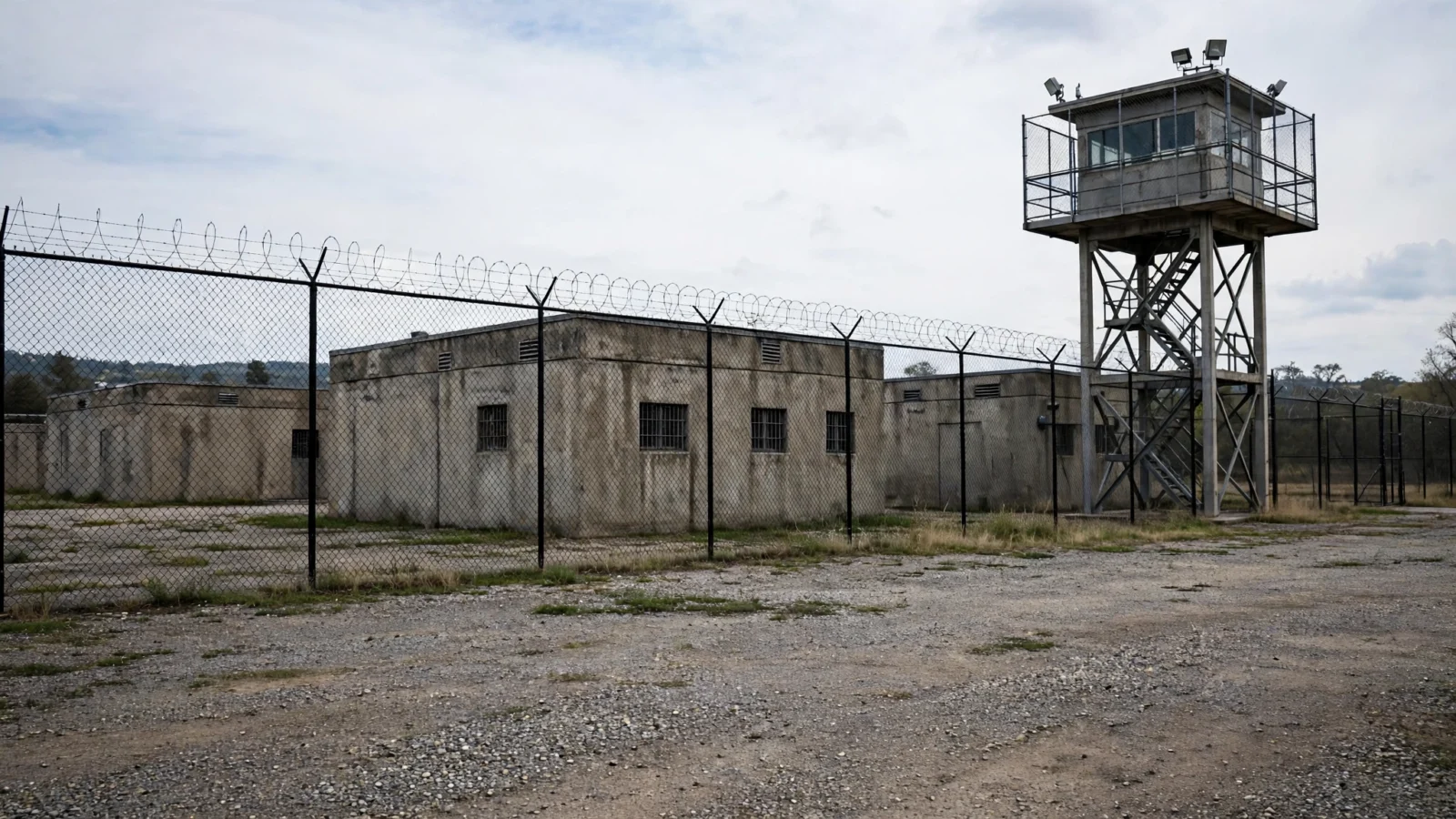 A concrete prison building behind a chain-link fence topped with barbed wire, with a guard tower beside it.