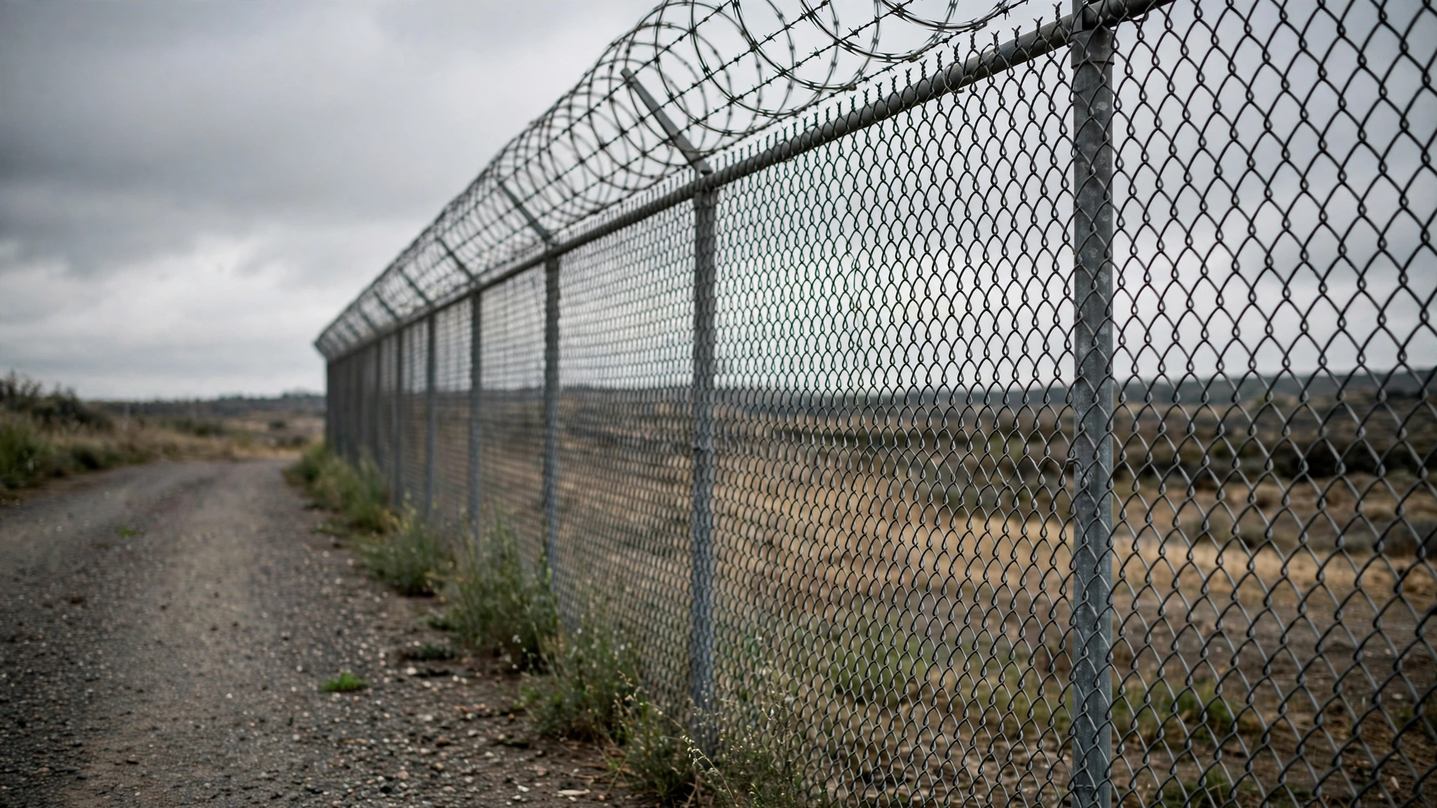A chain-link security fence topped with coils of barbed wire beside a gravel path.
