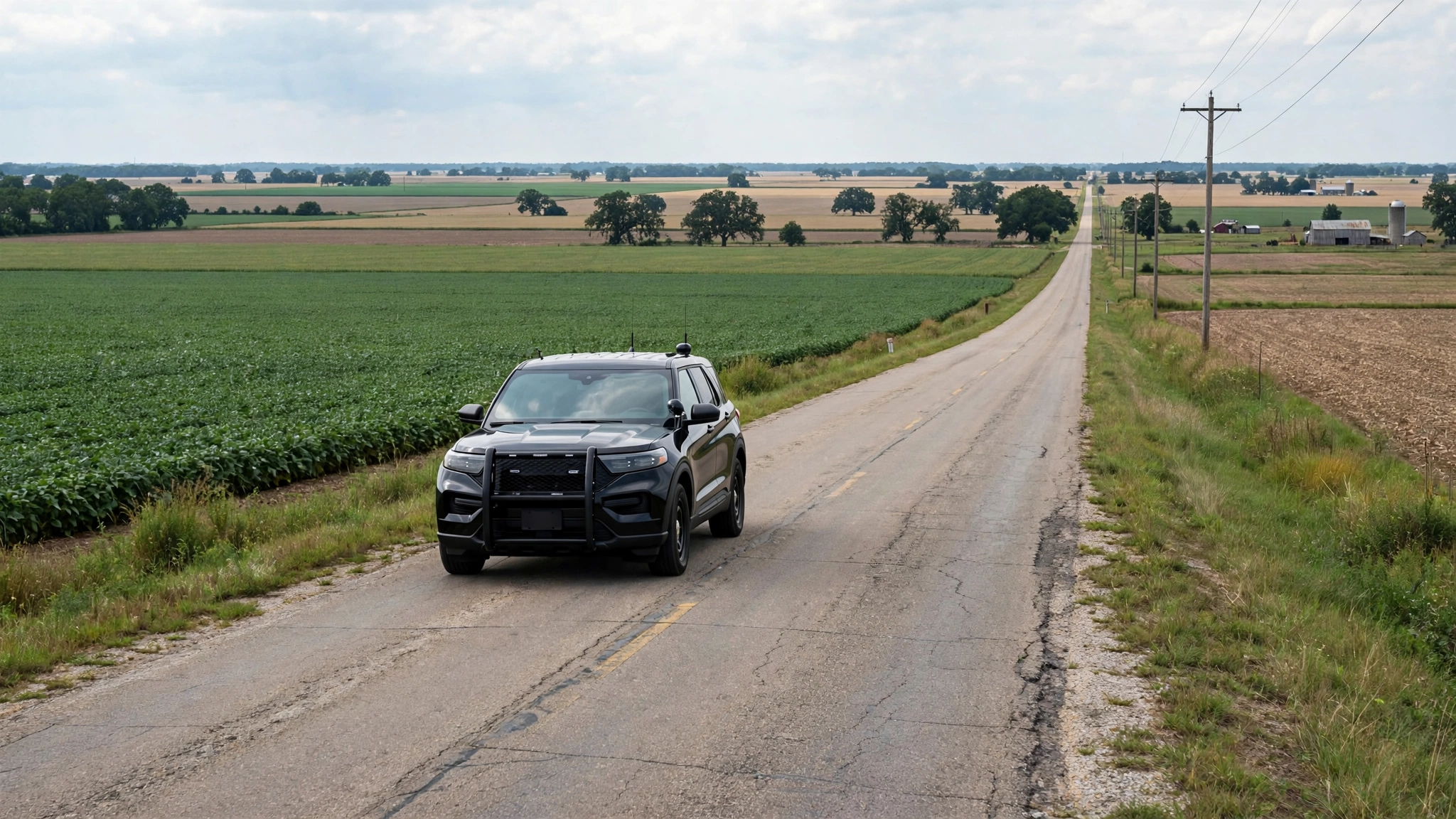 An unmarked dark sport utility vehicle on a rural road through farmland.