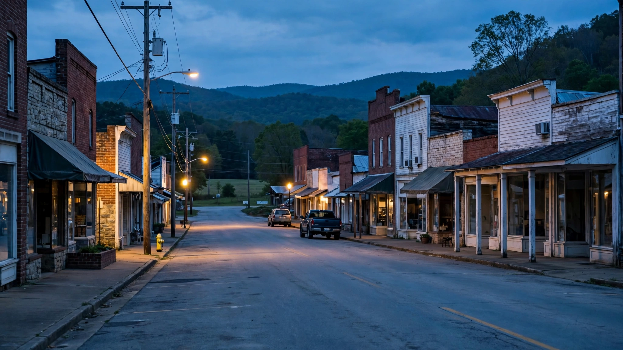 A quiet small-town main street with storefronts at dusk.