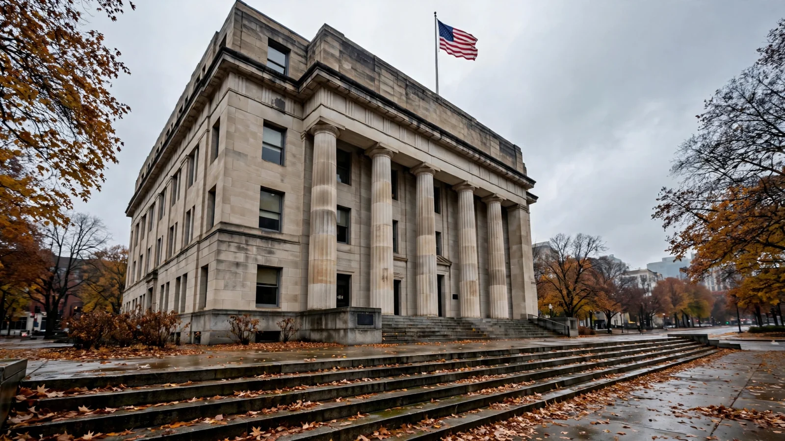 The stone exterior of a courthouse in Nashville, Tennessee, with tall columns, front steps and an American flag flying under an overcast sky.
