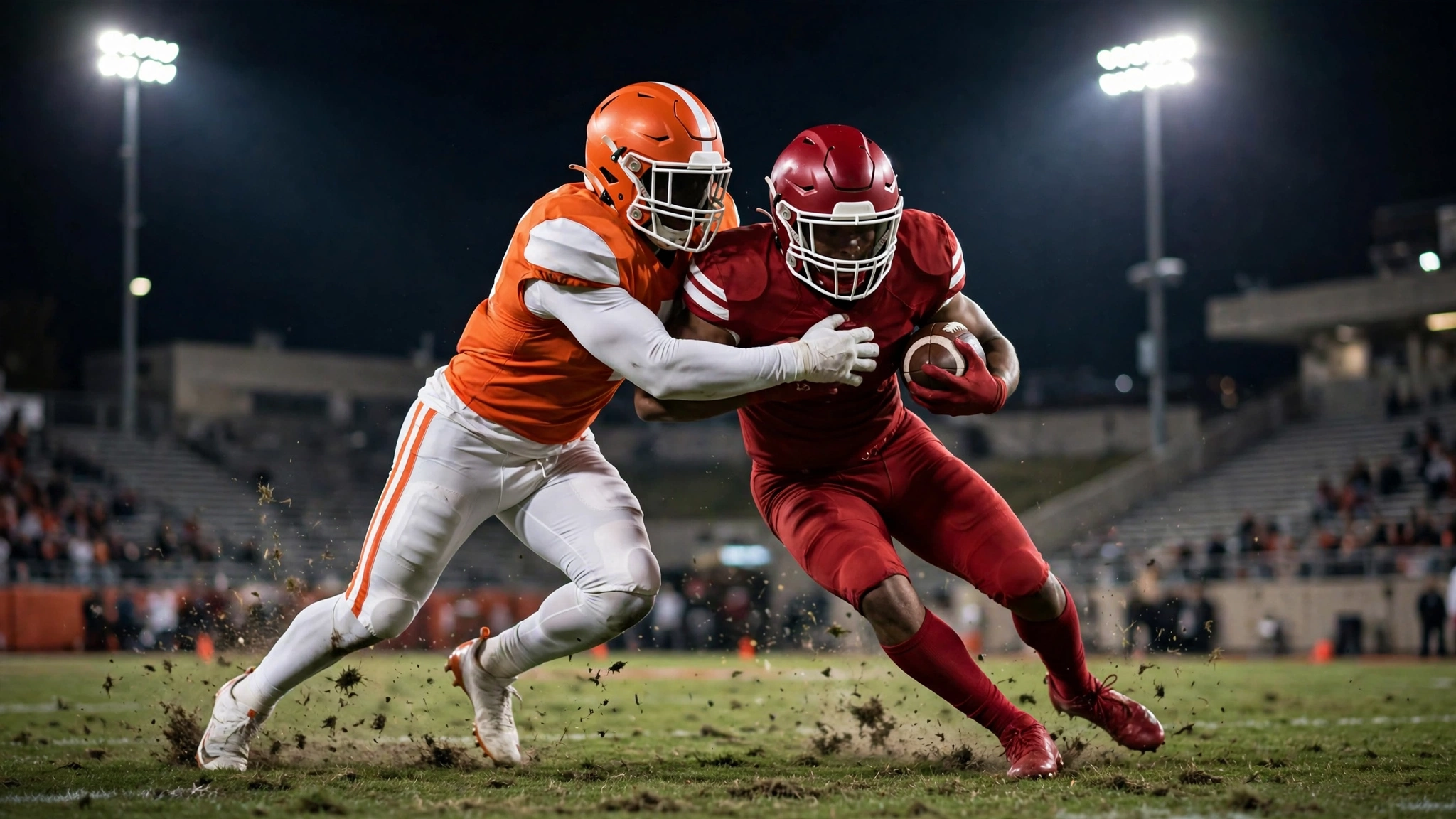 A defender in an orange uniform tackles a ball carrier in a crimson uniform during a night game.