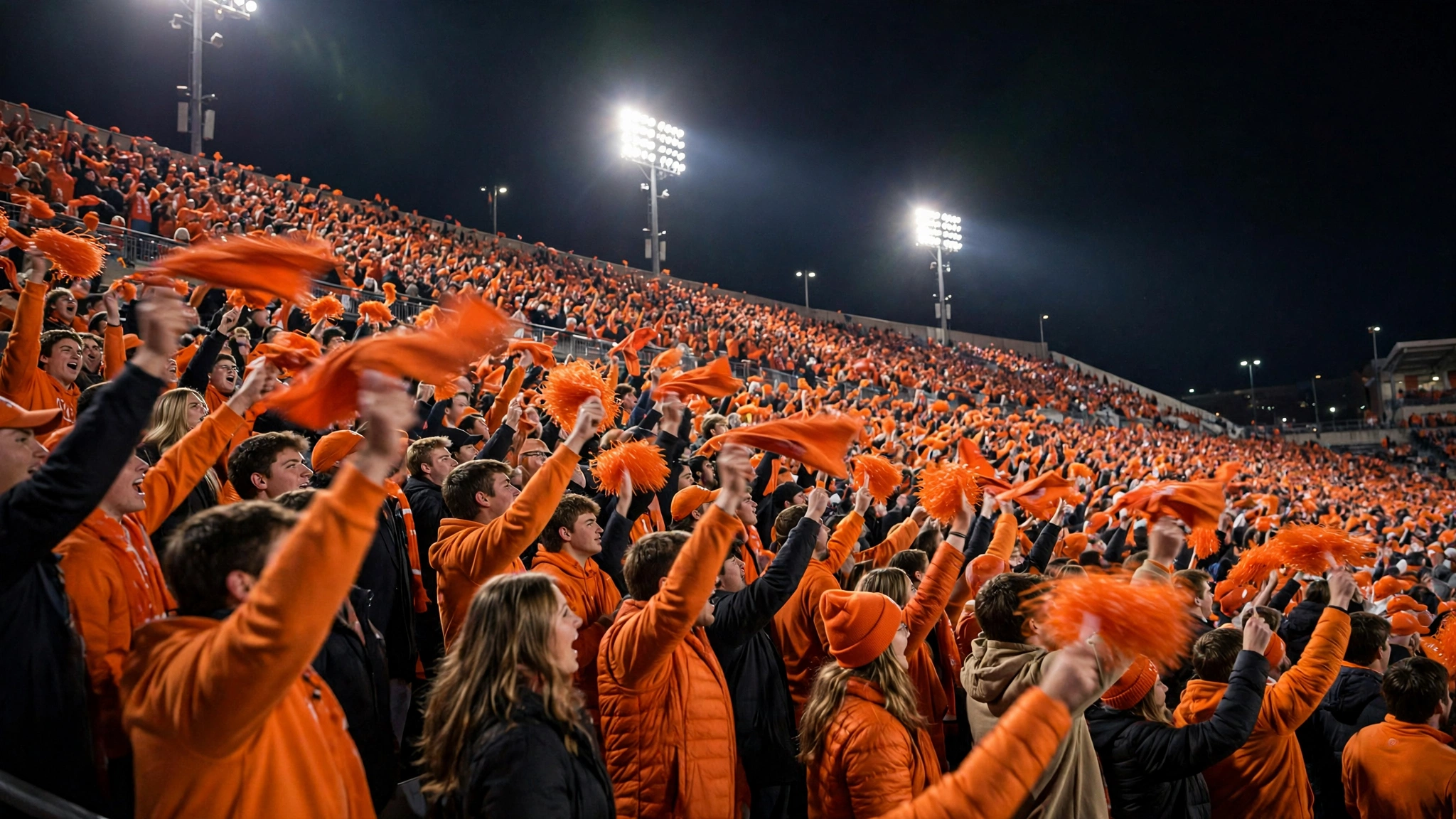 Fans in orange wave towels and pom-poms in the stands at night.