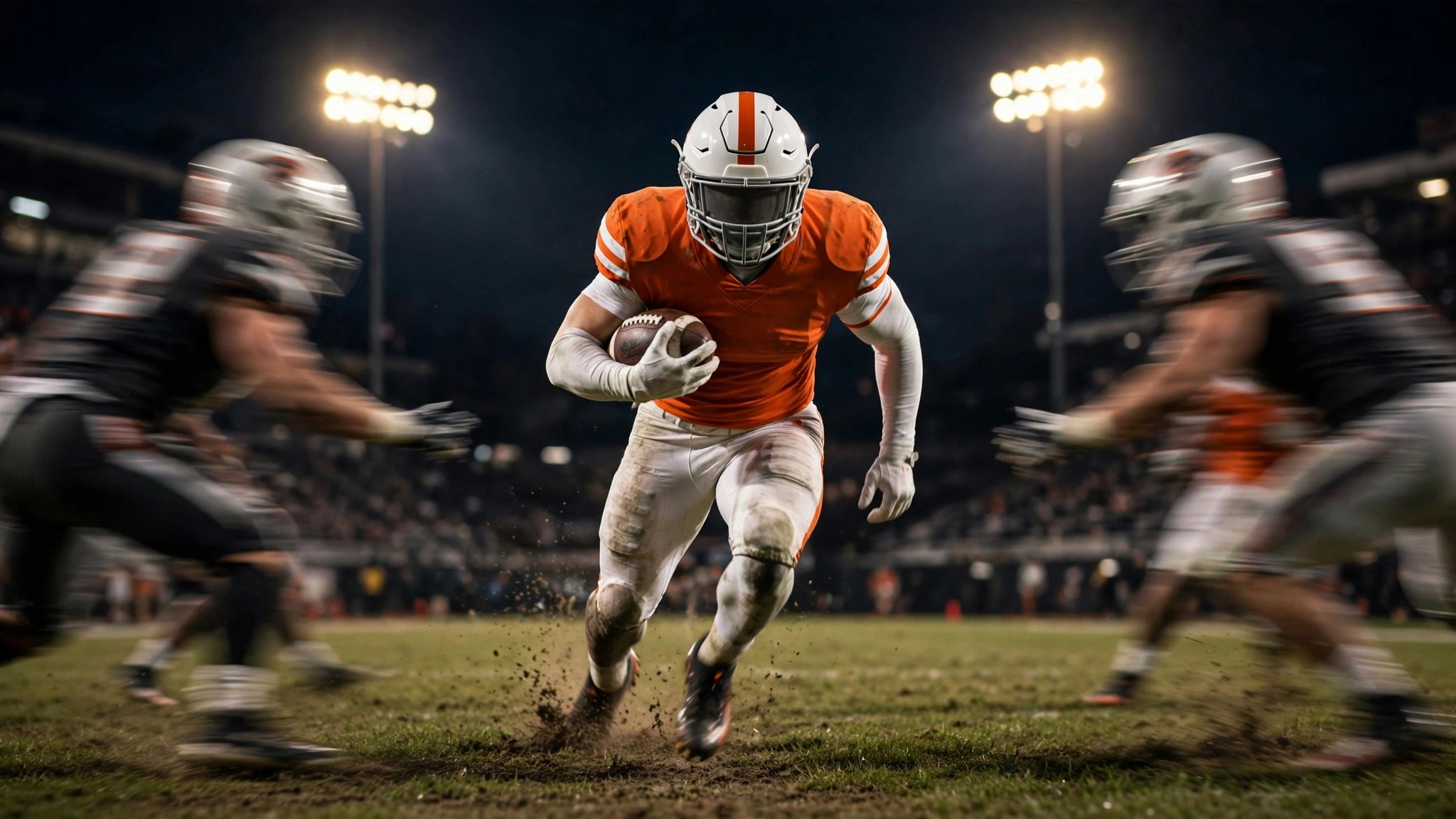 A running back in an orange uniform carries the ball at night, breaking past two defenders.
