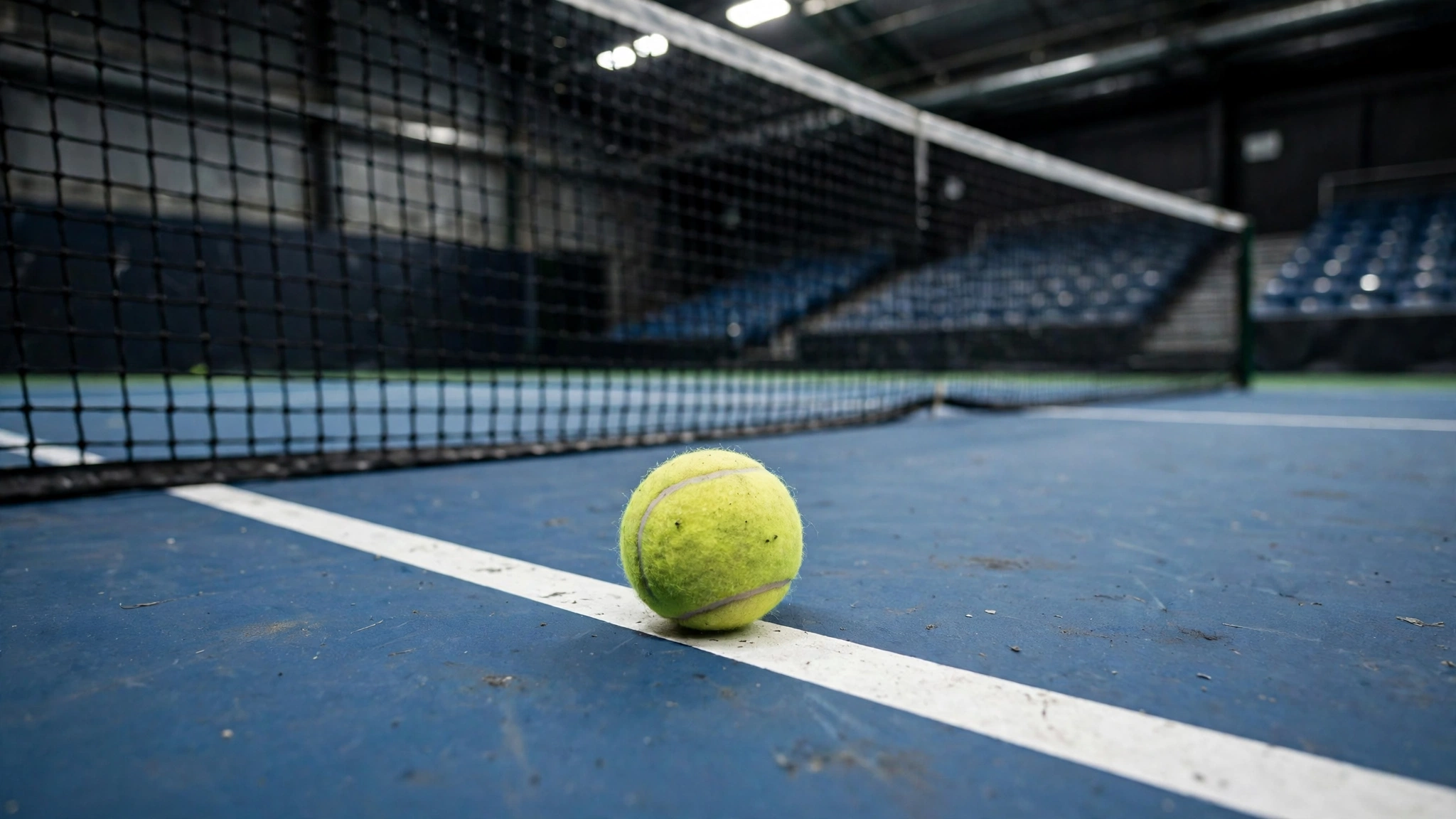 A tennis ball resting on the white line of a blue hard court beside the net.