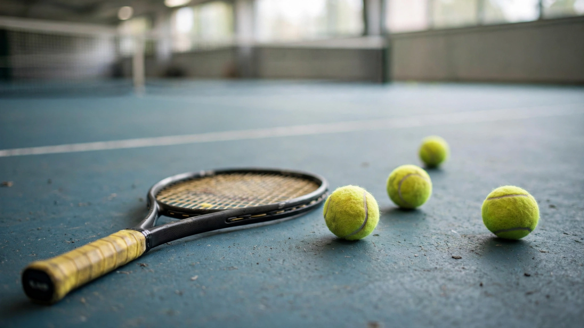 A tennis racket and four tennis balls lying on a blue hard court.