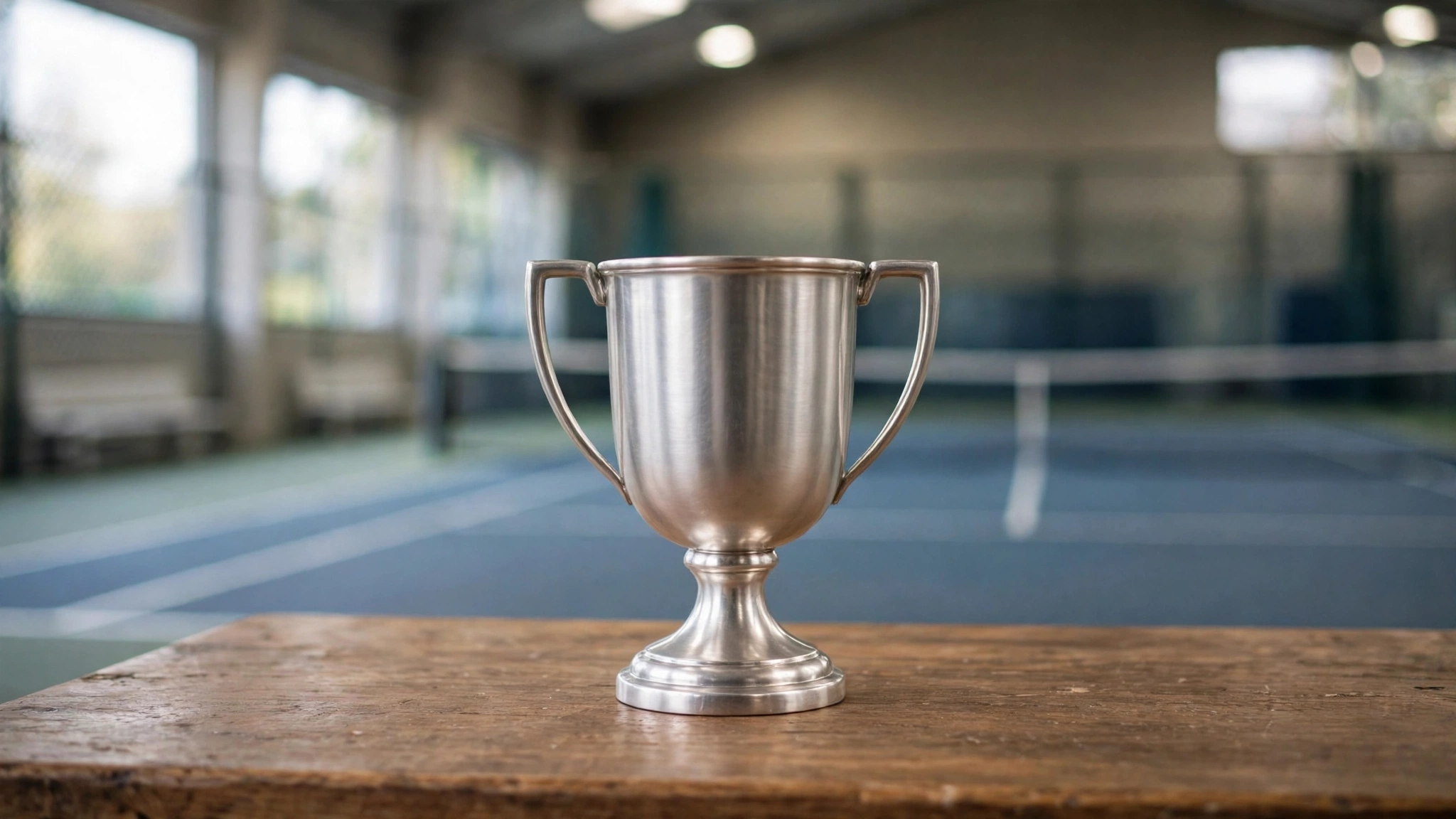 A plain silver trophy on a wooden table in front of an indoor tennis court.