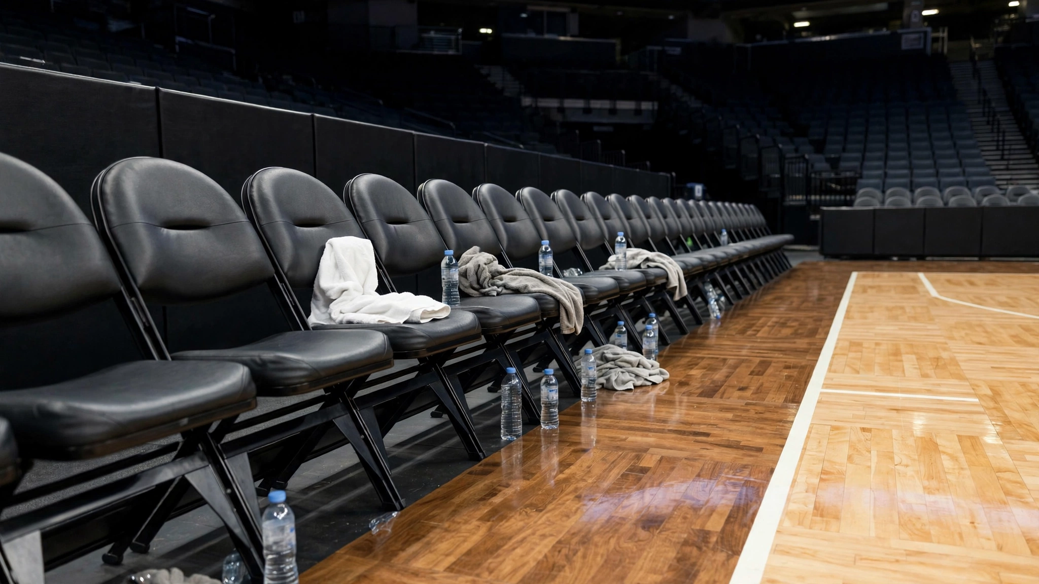 A row of black team bench chairs beside a basketball court, with towels and water bottles on and under the chairs