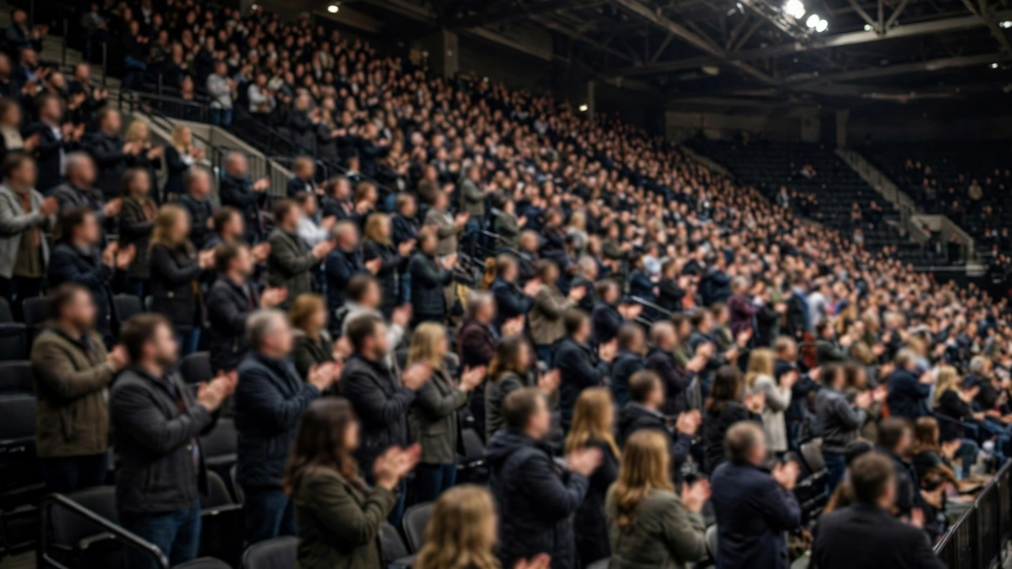 Spectators standing and applauding in crowded arena stands, with faces blurred and indistinct