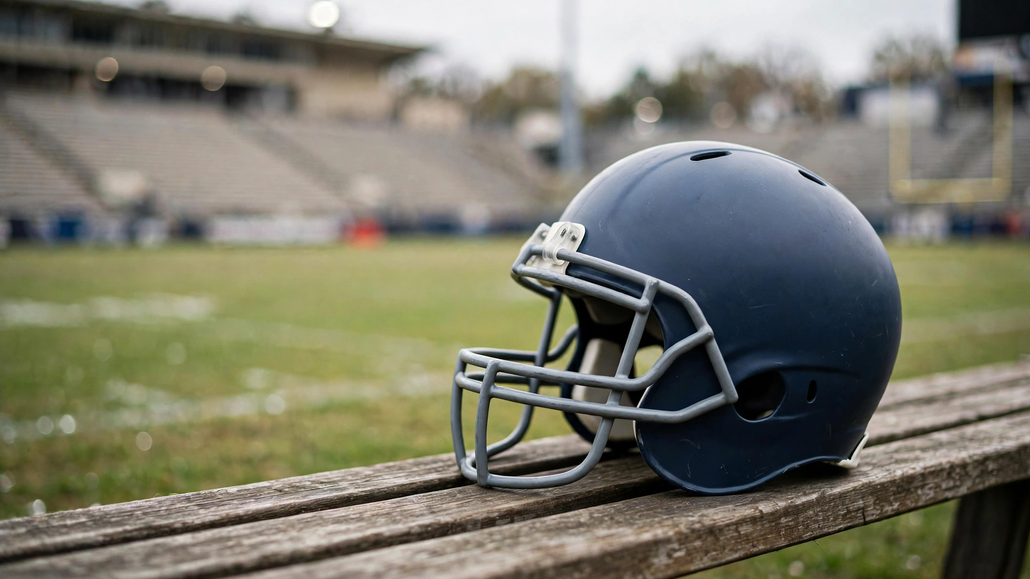A plain dark blue football helmet resting on a wooden bench beside an empty field