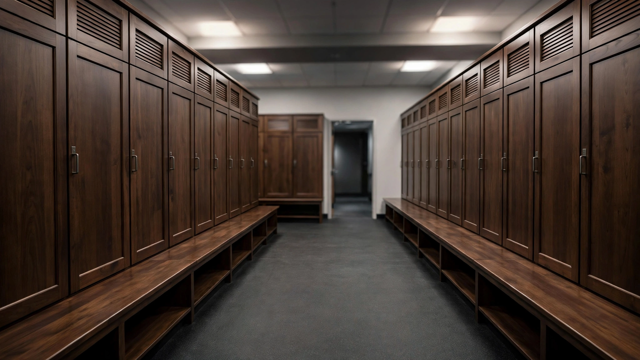 An empty professional football locker room with rows of dark wooden lockers and benches