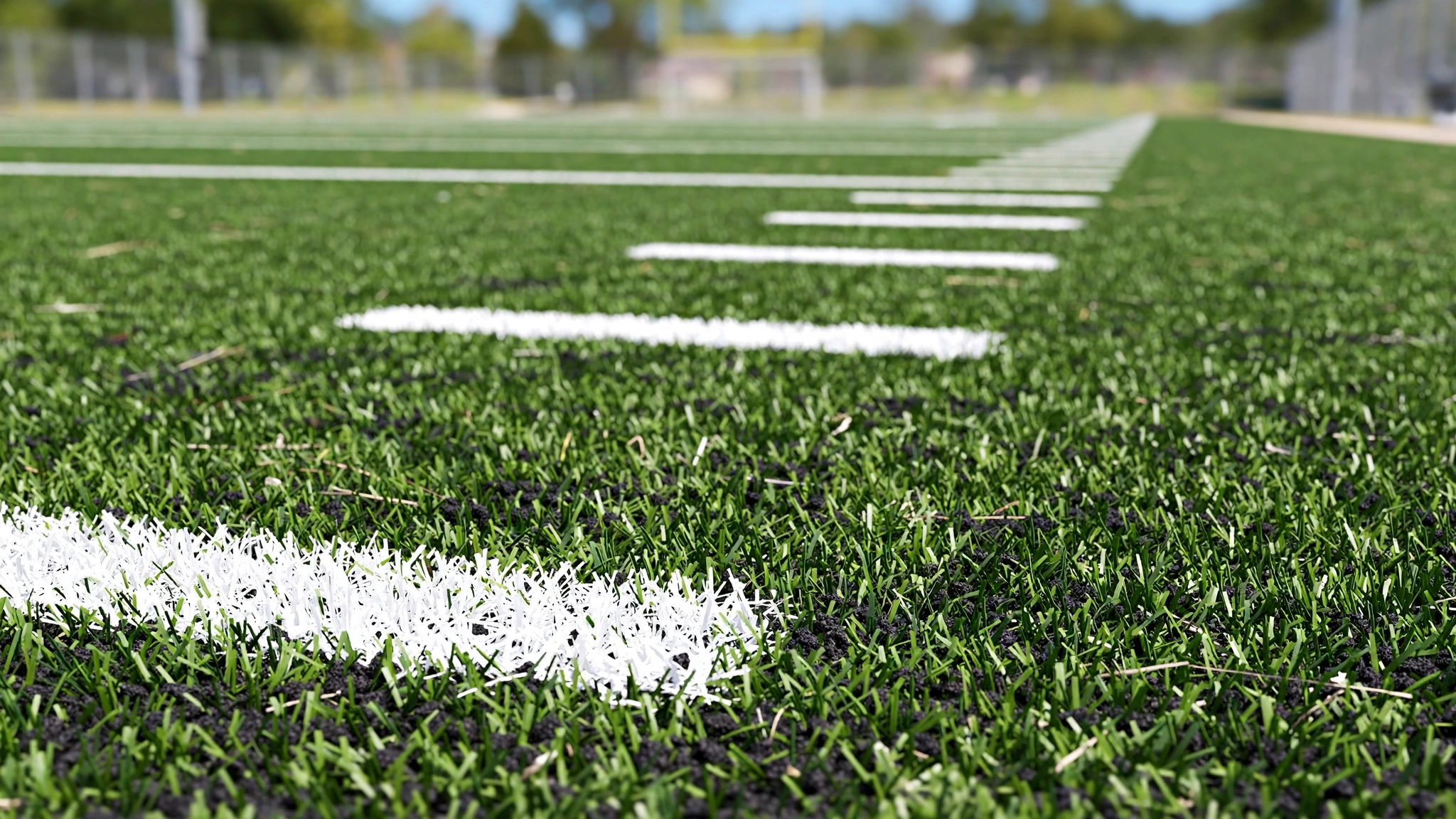 Close-up of green artificial turf on an American football field with white yard lines
