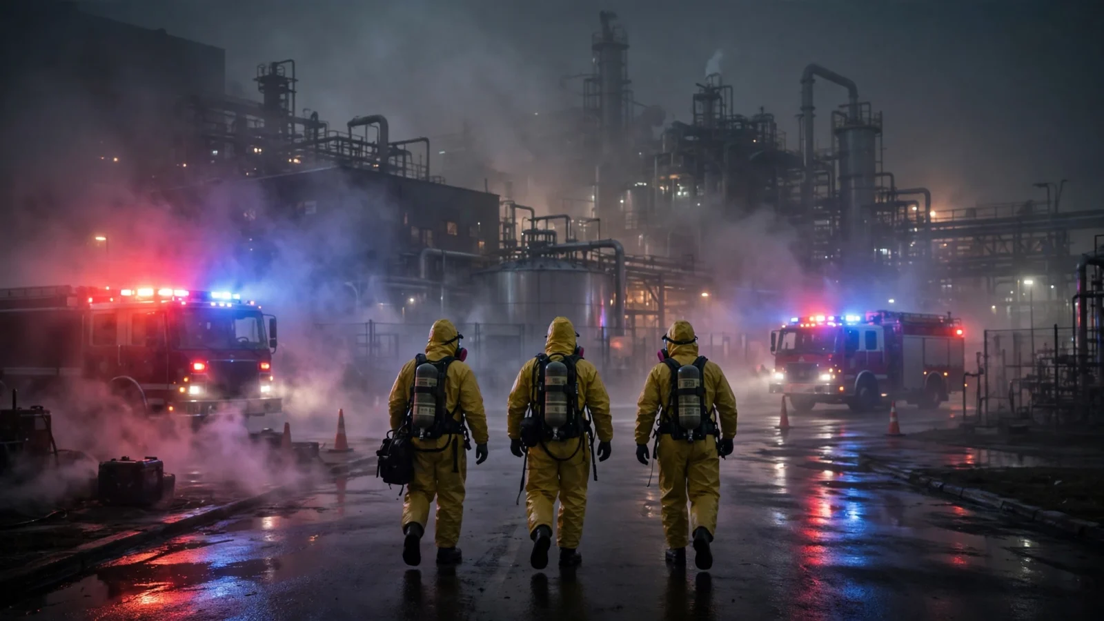 Hazmat responders in yellow protective suits and breathing gear walking toward an industrial chemical facility at night as fire trucks with flashing lights stand by