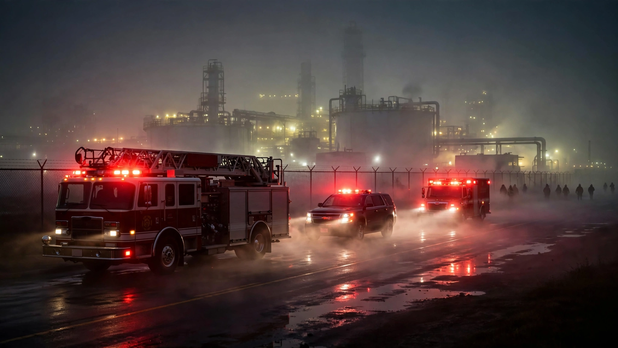 A fire department ladder truck and emergency vehicles with flashing lights staged on a foggy road near a fenced chemical plant at night